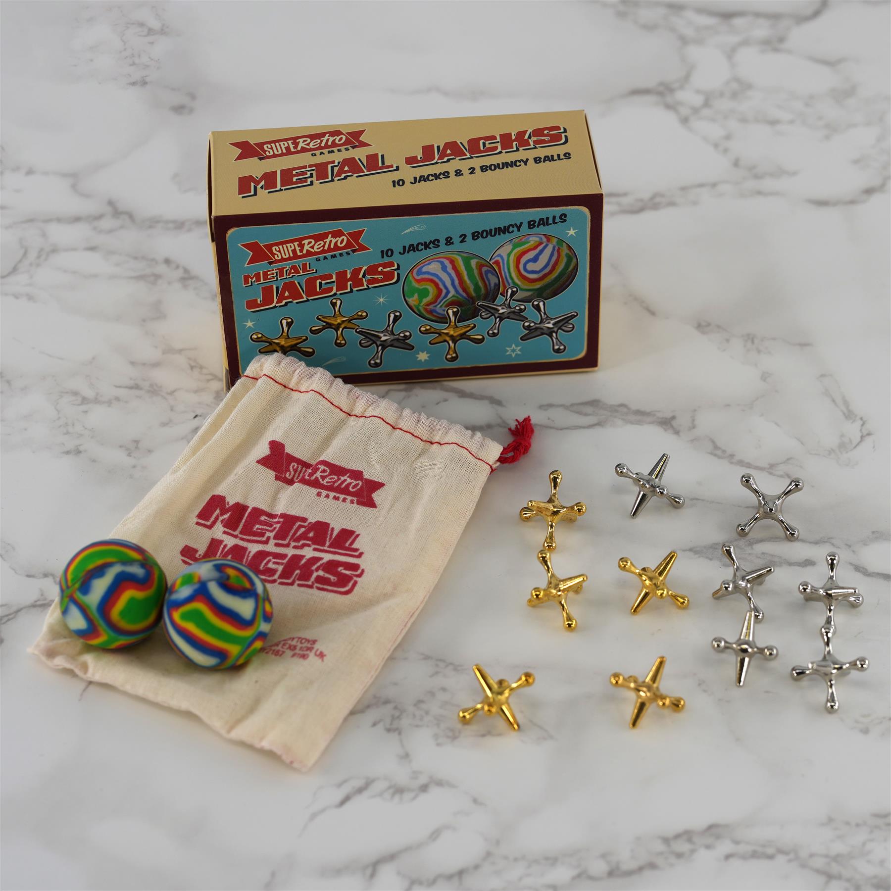 "Vintage metal classic jacks game, five red and yellow jacks in a wooden box, suitable for kids ages 3-8" (themagictoyshop)