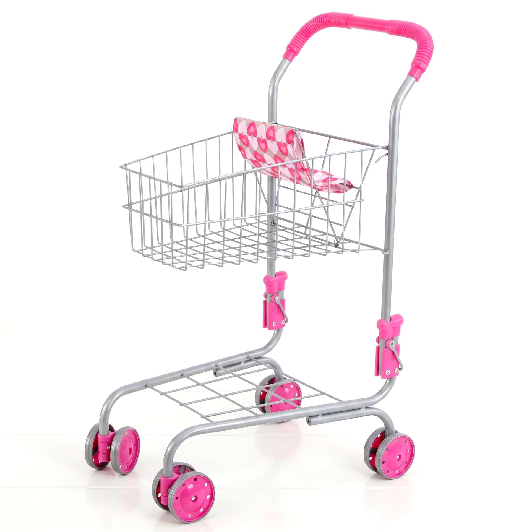 A silver shopping cart with pink handles and wheels, featuring an attached striped doll seat.