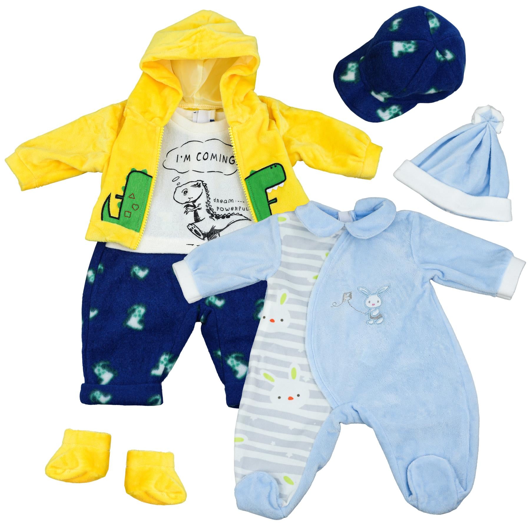 Doll clothes set includes yellow jacket, blue pants, white top, light blue bodysuit, hats, and yellow booties.