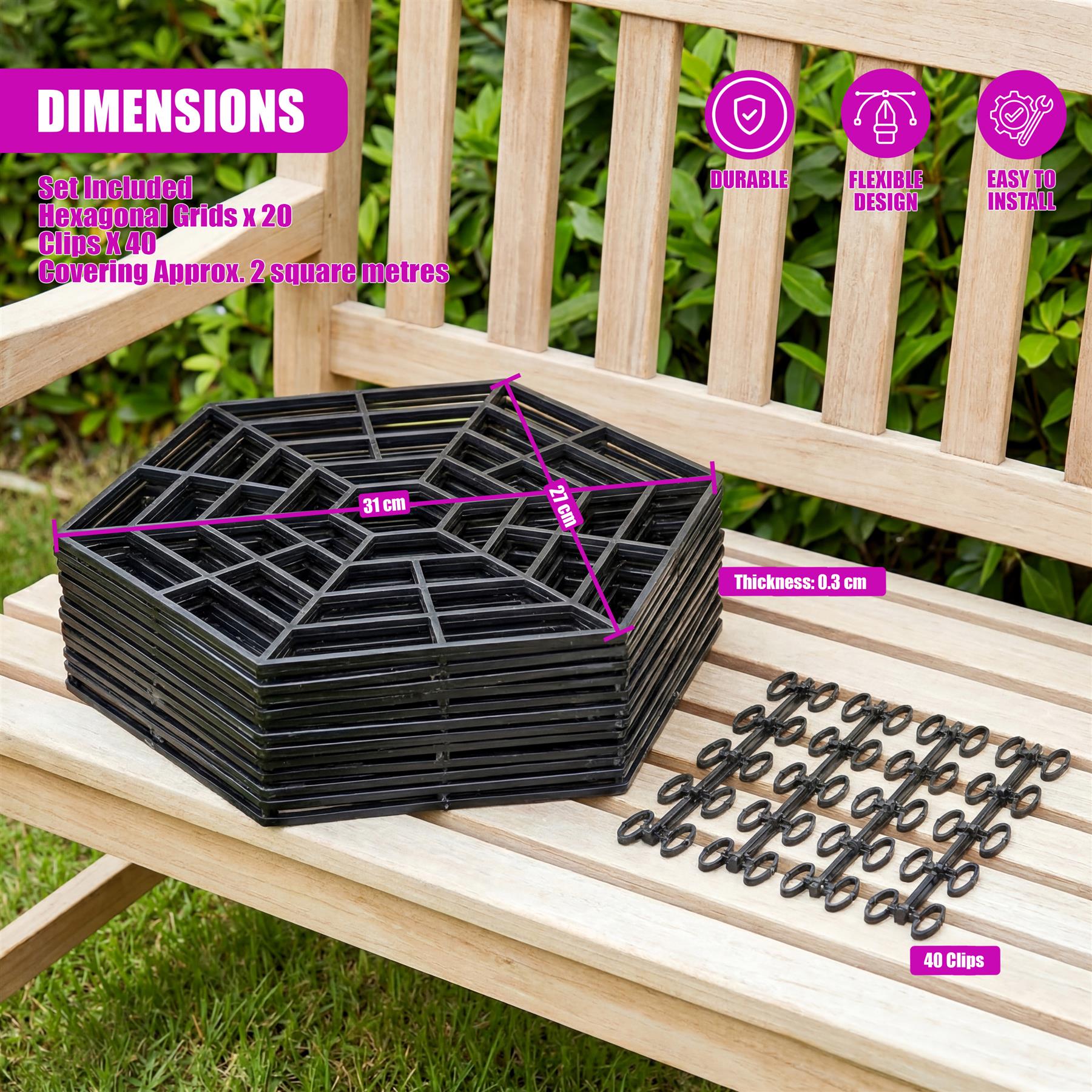 Stacked black hexagonal pond grids, measuring 31 cm, and 40 metal clips on wood.