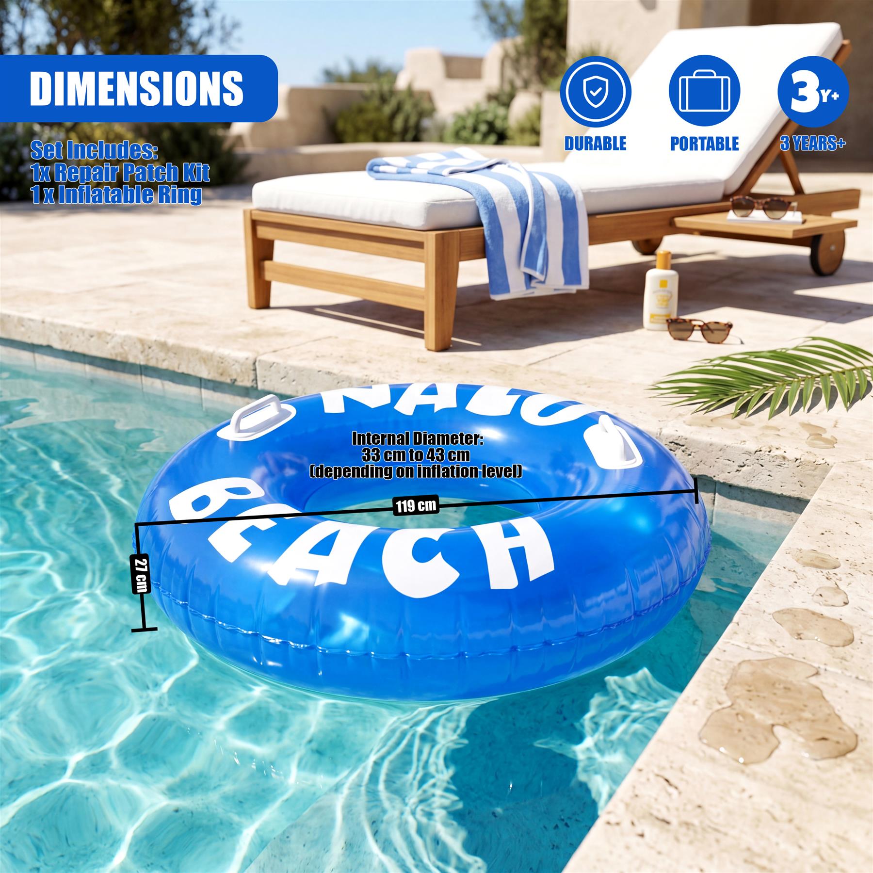 Blue inflatable ring shaped like a tire rests in a pool, showing its dimensions.