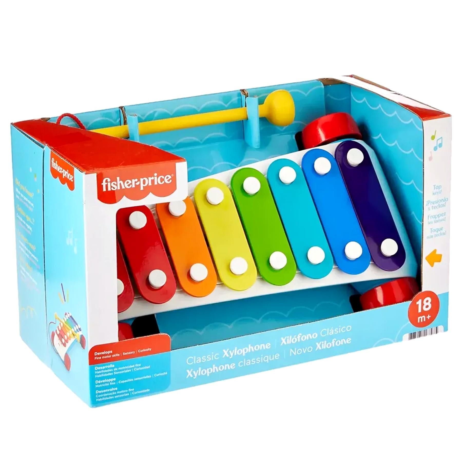 Boxed toy xylophone featuring six colored bars and a yellow mallet accessory.