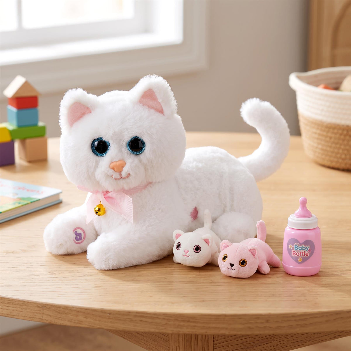 Interactive Plush Cat with 2 Kittens and Sounds