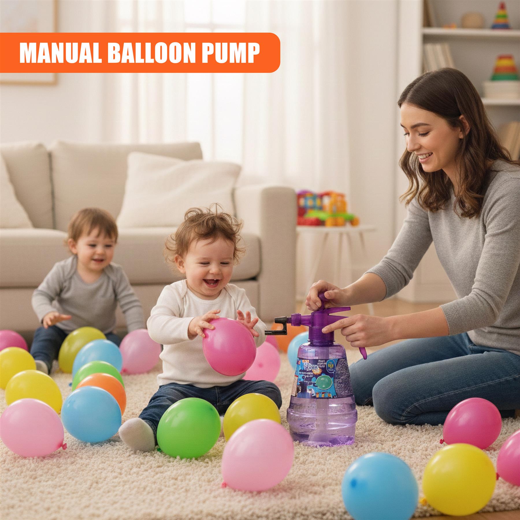 Mother pumps a balloon near two children who are surrounded by colorful inflated balloons.