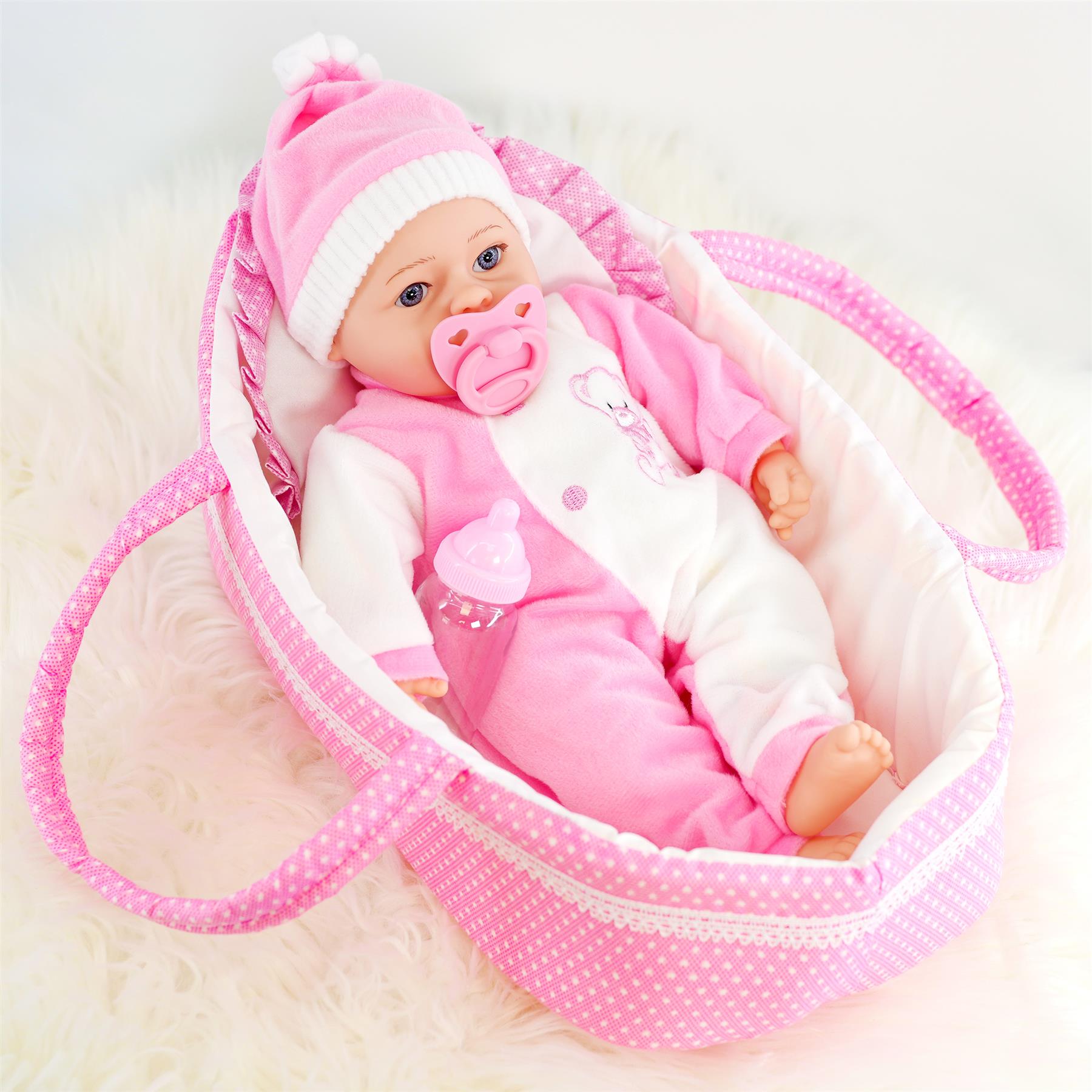 The Magic Toy Shop BiBi Baby Doll in Carry Cot (38 cm / 15")