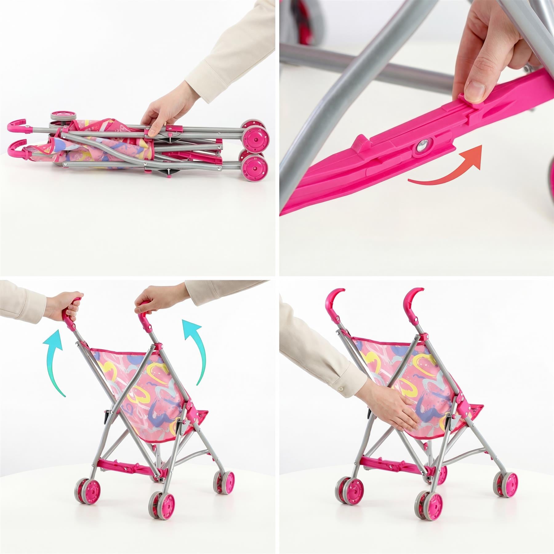 Assembly steps show attaching the handle, adjusting the seat, and posing the pink doll buggy.