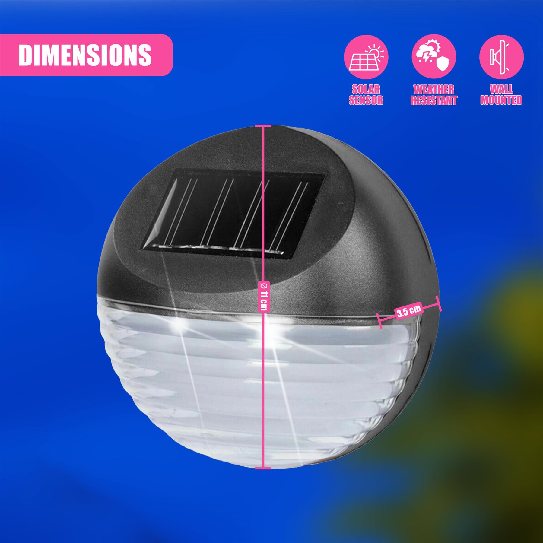 Dimensions diagram of a black, dome-shaped solar light fixture showing its panel and measurements.