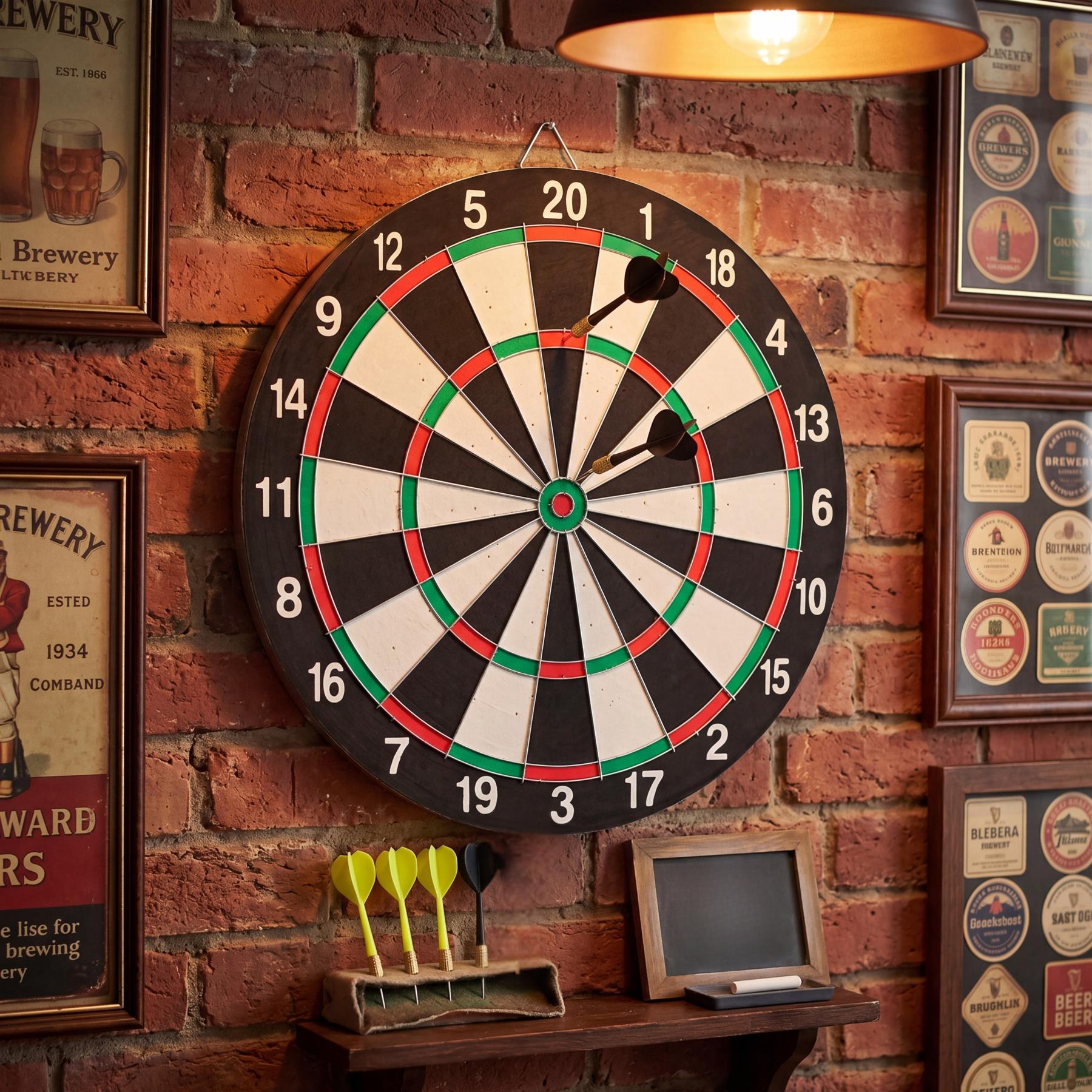 A large, double-sided dartboard with numbers and six darts resting on a wooden shelf.