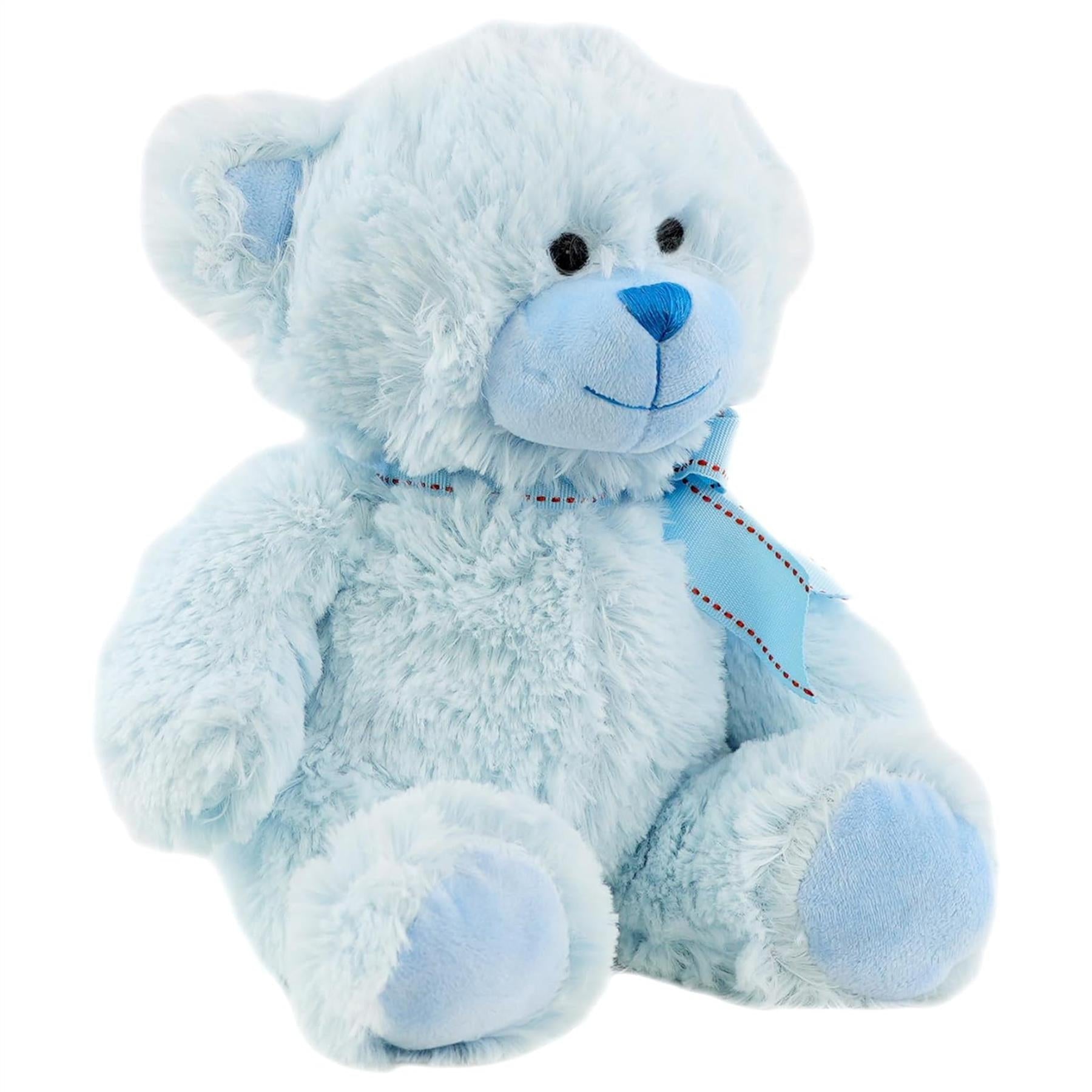 Light blue teddy bear plush toy sitting down, with blue accents and a ribbon.