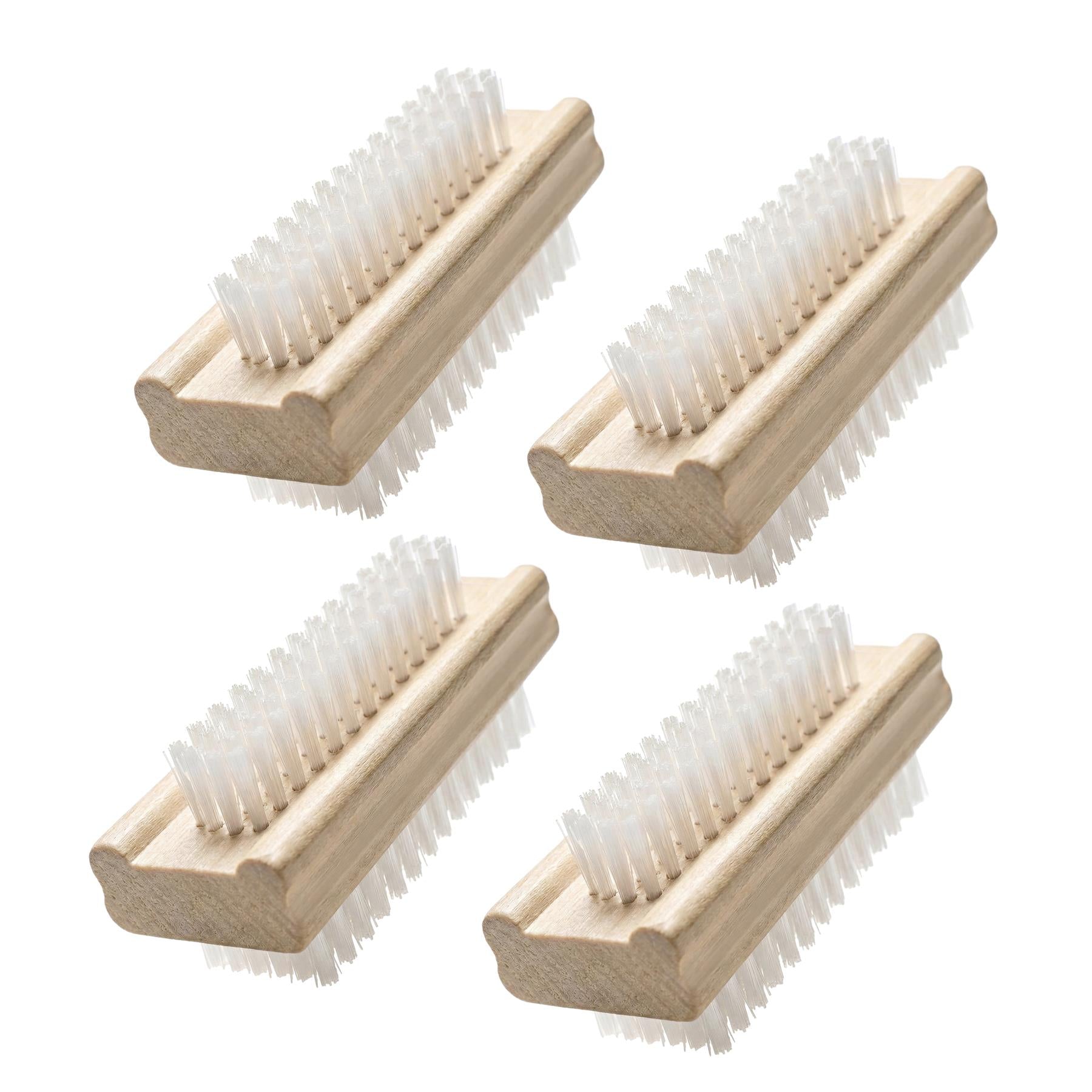 Four wooden nail scrubbing tools featuring dual-sided bristled surfaces for manicure care.