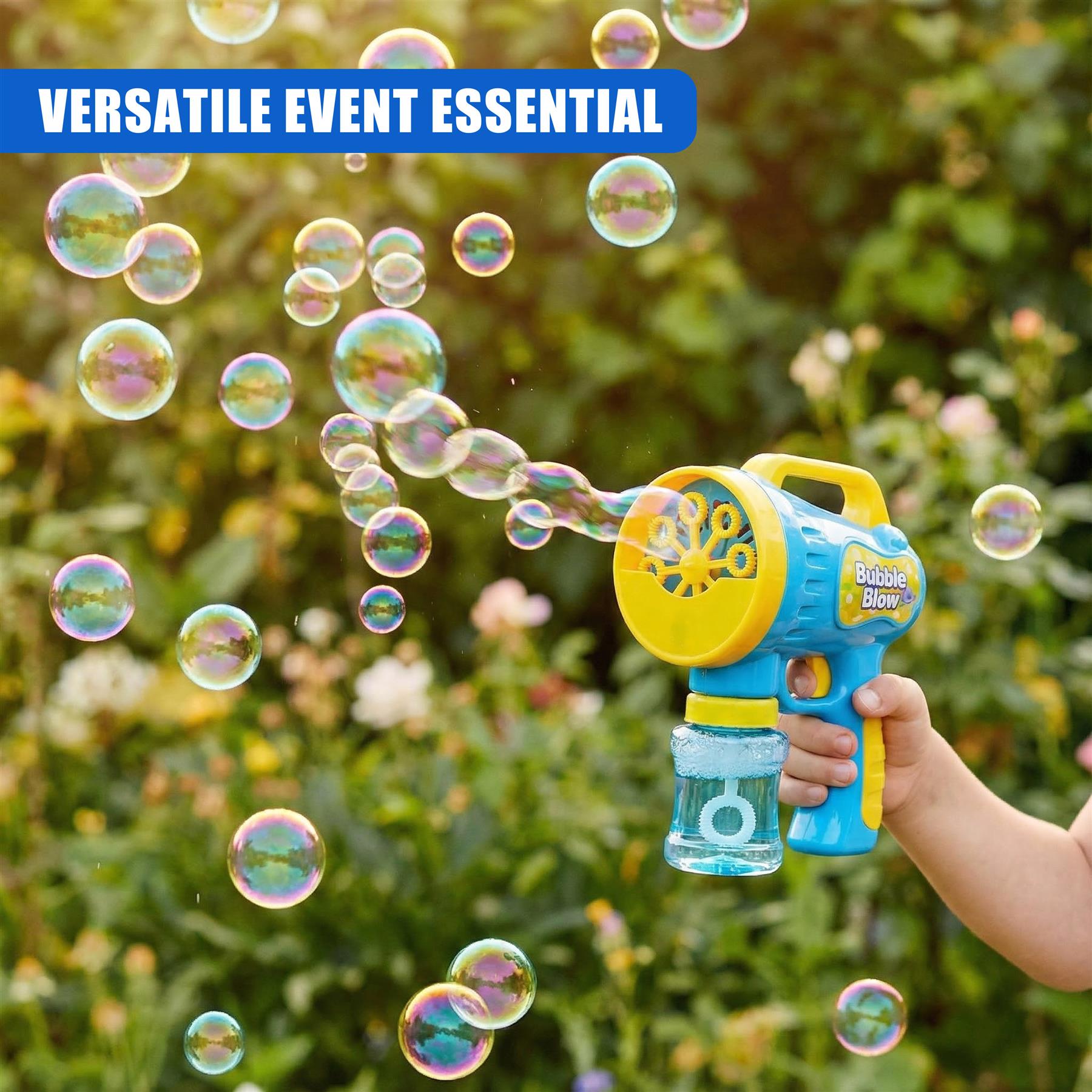 A hand holds a yellow bubble machine dispensing bubbles and attaching a blue liquid refill container.