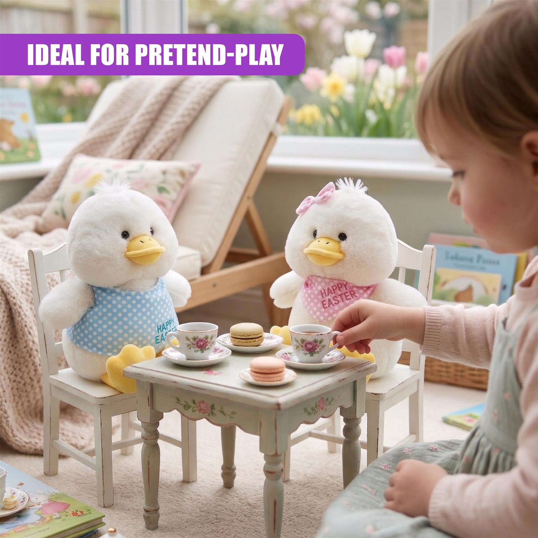 Child uses a small wooden table to play with stuffed Easter chicks and dishes.