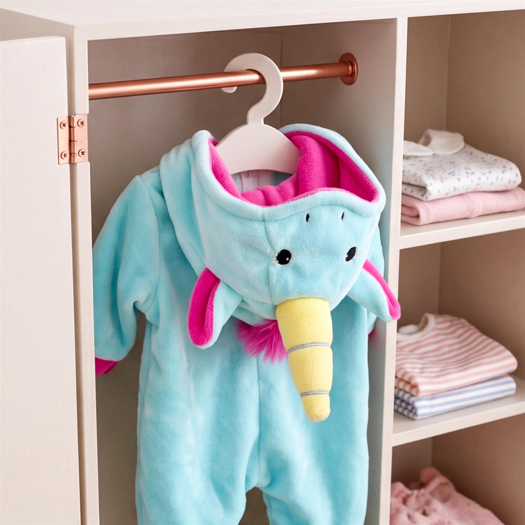 Blue hooded elephant outfit featuring pink ears and a dangling yellow trunk displayed on a hanger.