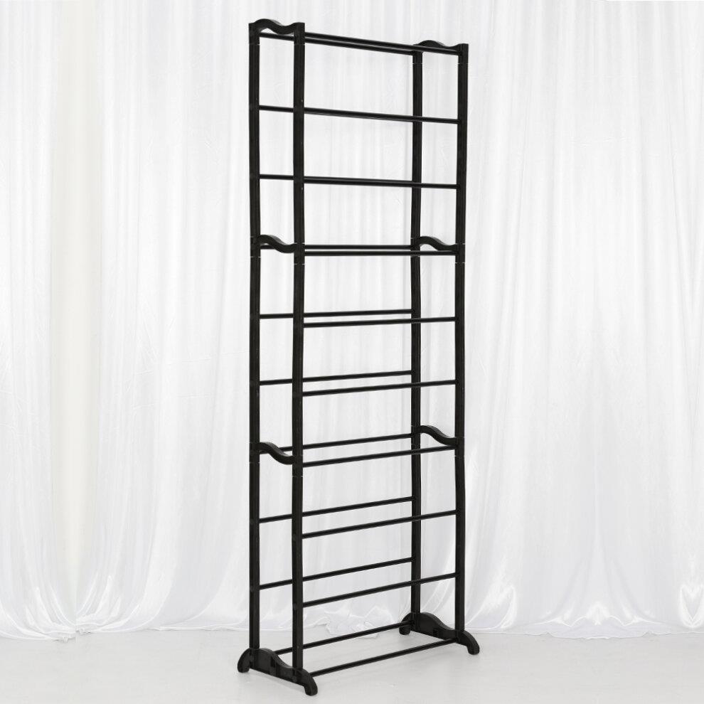 Black shoe rack with multiple shelves.