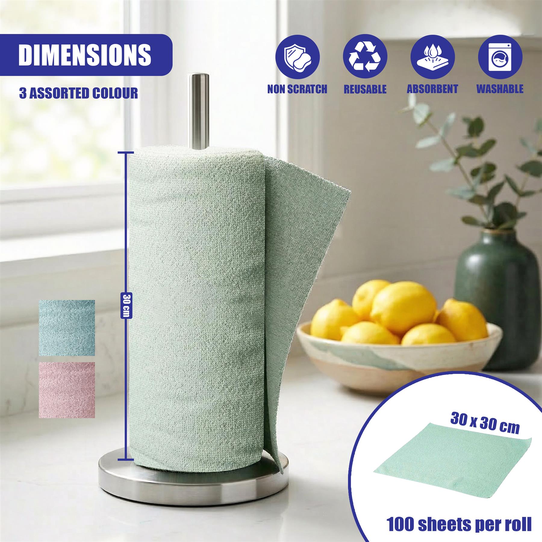 Microfiber cloth roll on a metal stand, showing the material, size, and folded sheets.