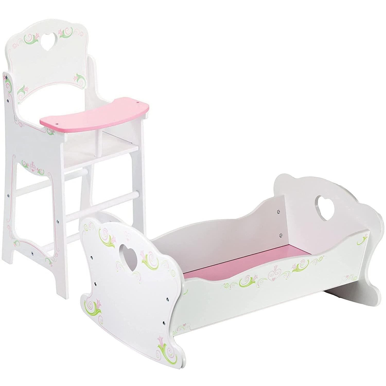 "Two-tiered wooden high chair with a pink cradle, both adorned with white flowers and polka dots." - The Magic Toy Shop