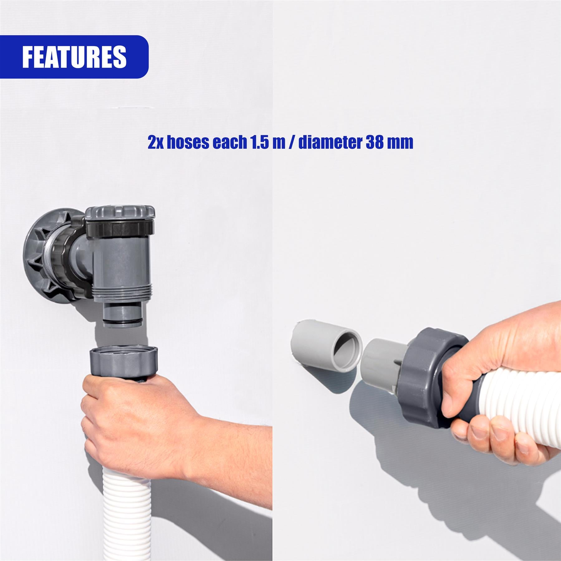 A hand displays a gray pump unit connected to a hose, next to couplings and two detached hoses.