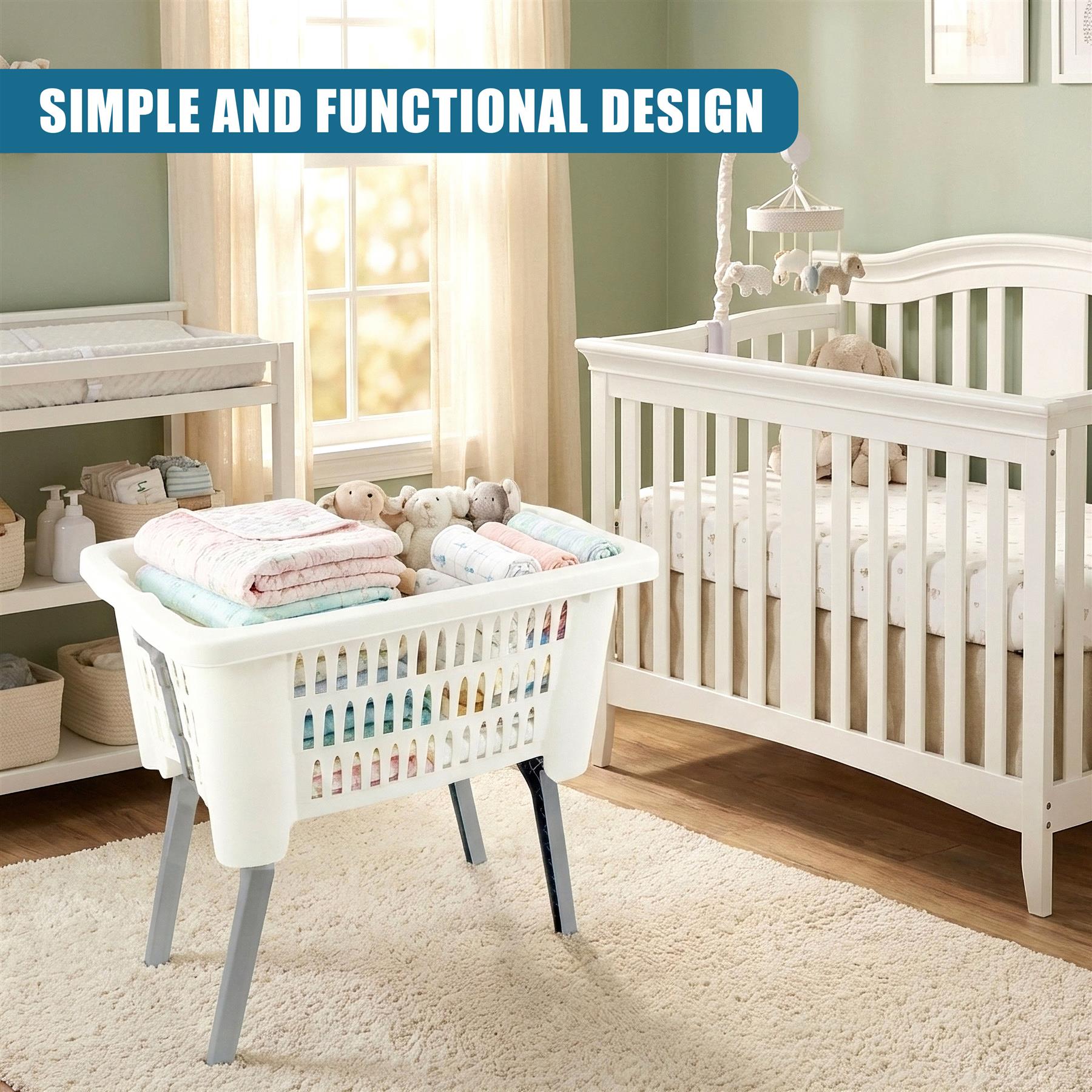 White laundry hamper with foldable legs, holding folded baby clothes and decorative hanging accessories.