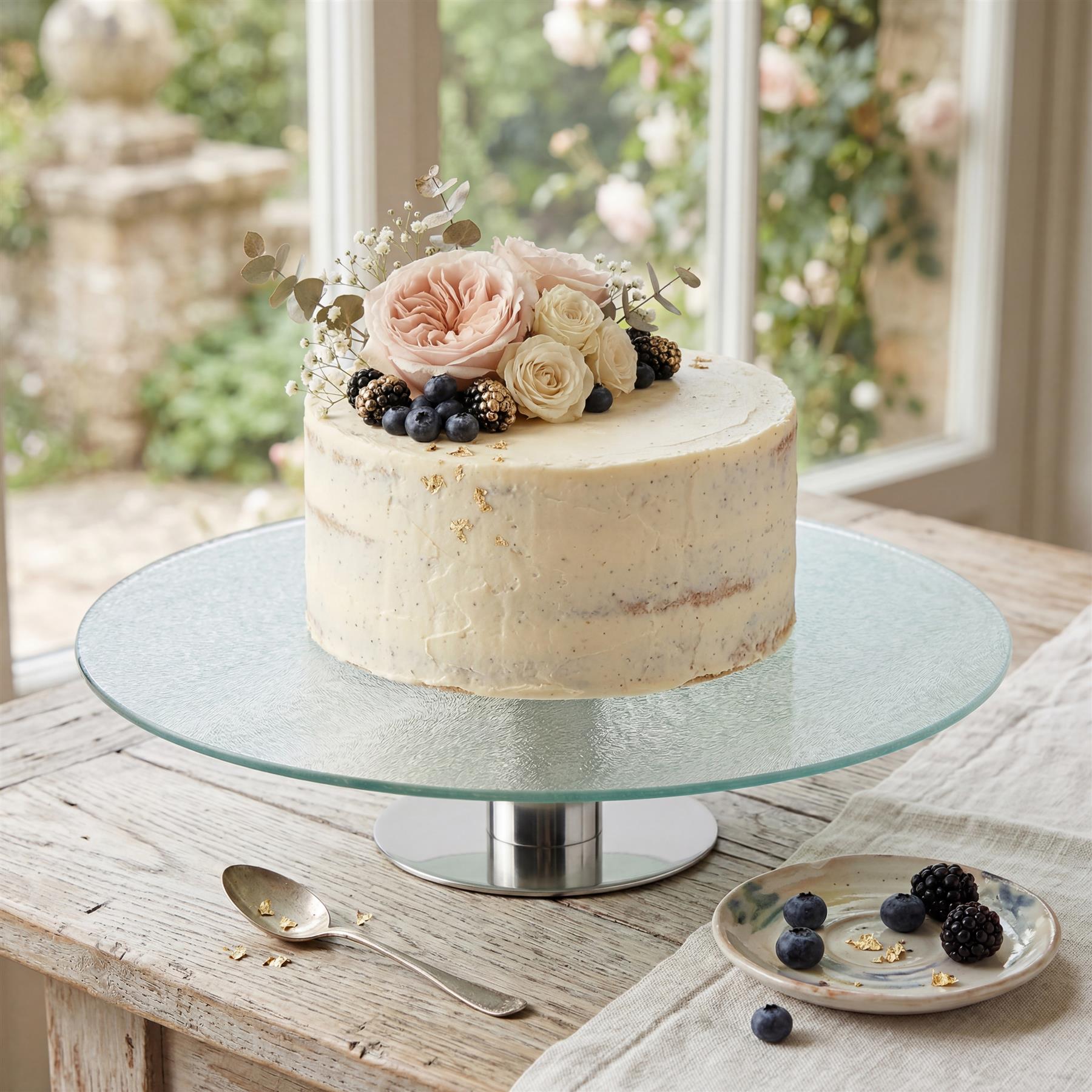 White decorated cake sits on a glass pedestal stand, arranged with flowers and berries.