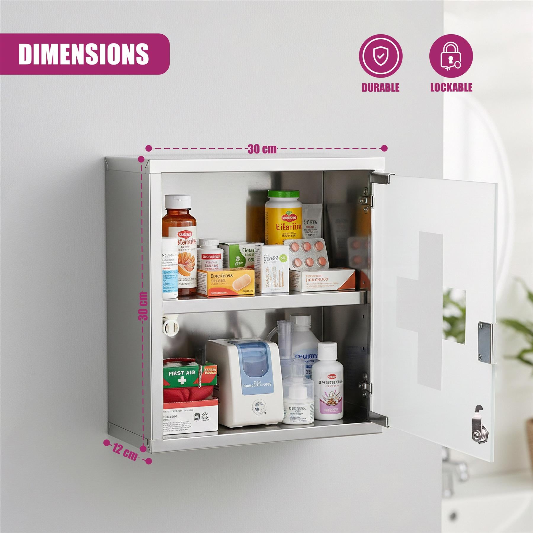 Open white medicine cabinet with two shelves displaying various medicine bottles and containers.