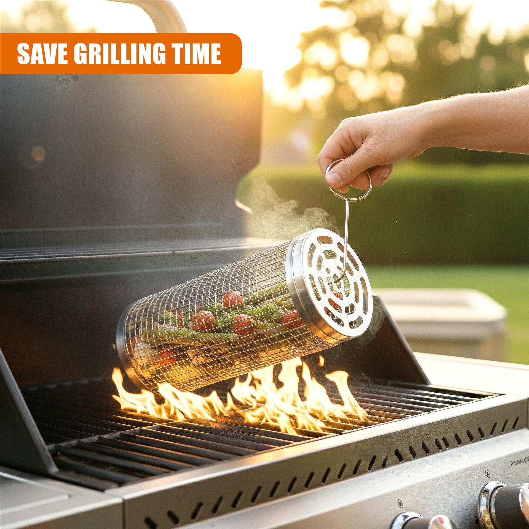 Mesh basket filled with food lowers onto hot, burning grill grates.