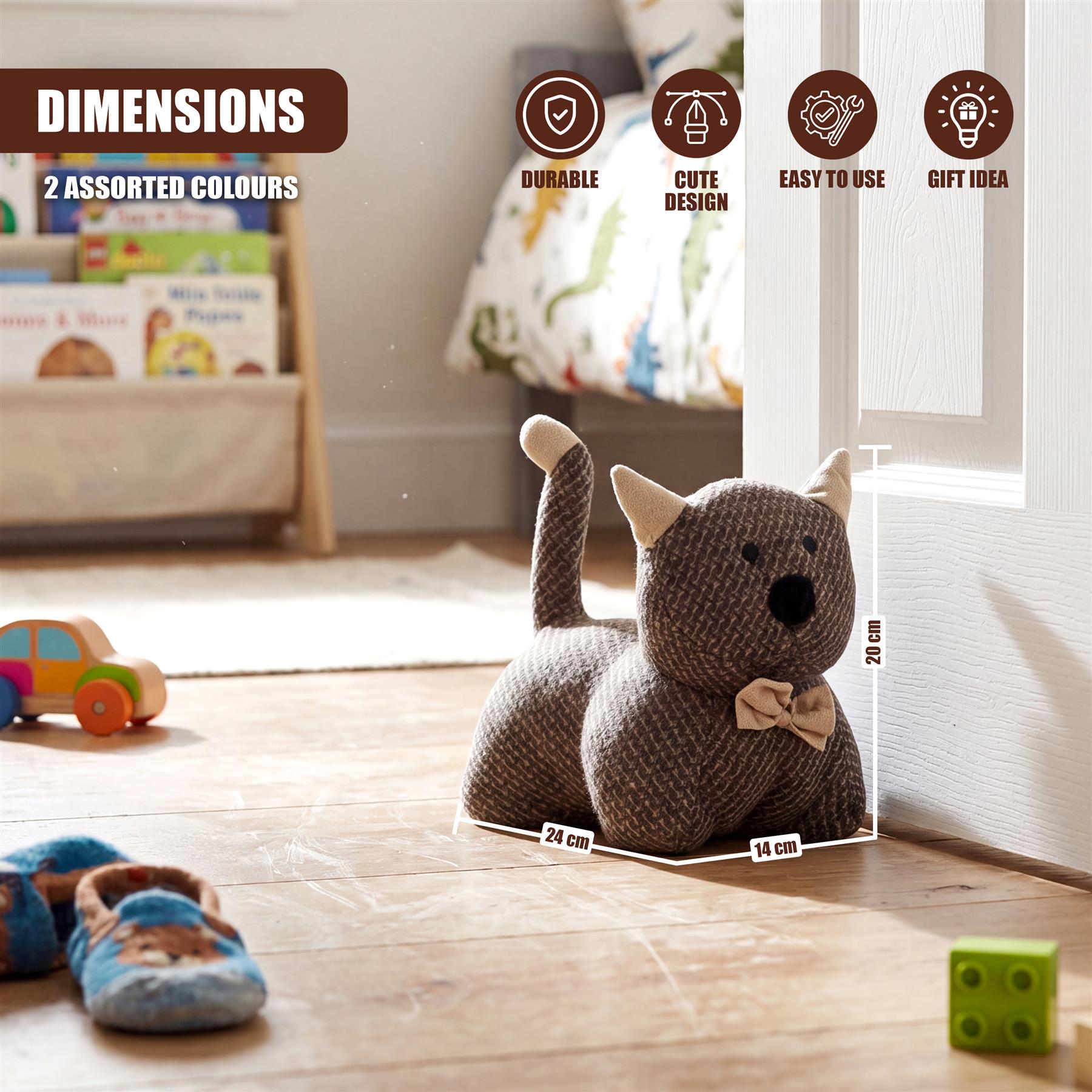 Knitted gray kitten figure shown acting as a door stopper; dimensions are 24 by 14 centimeters.