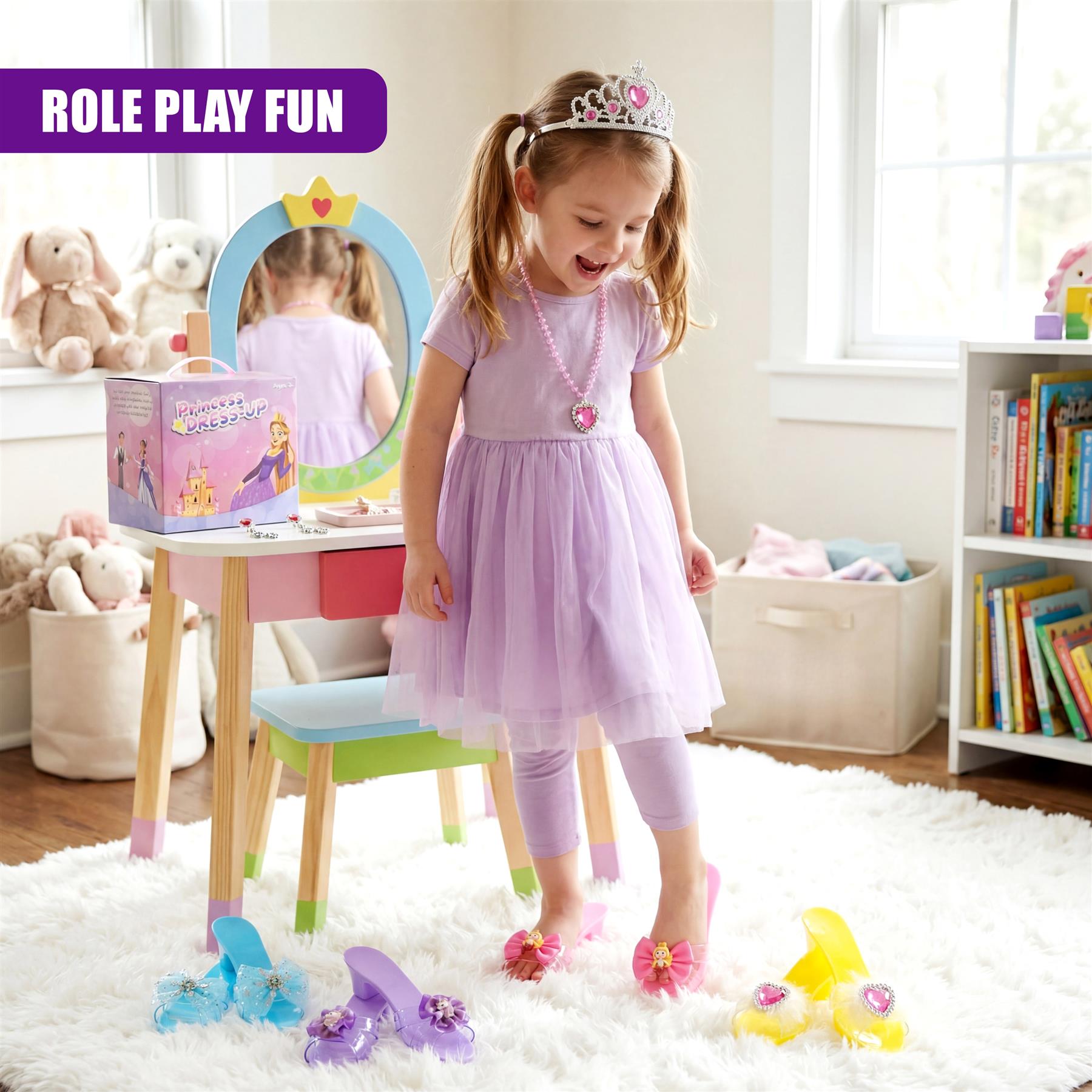 A girl stands with plastic princess shoes and colorful jewelry arranged on a white rug.
