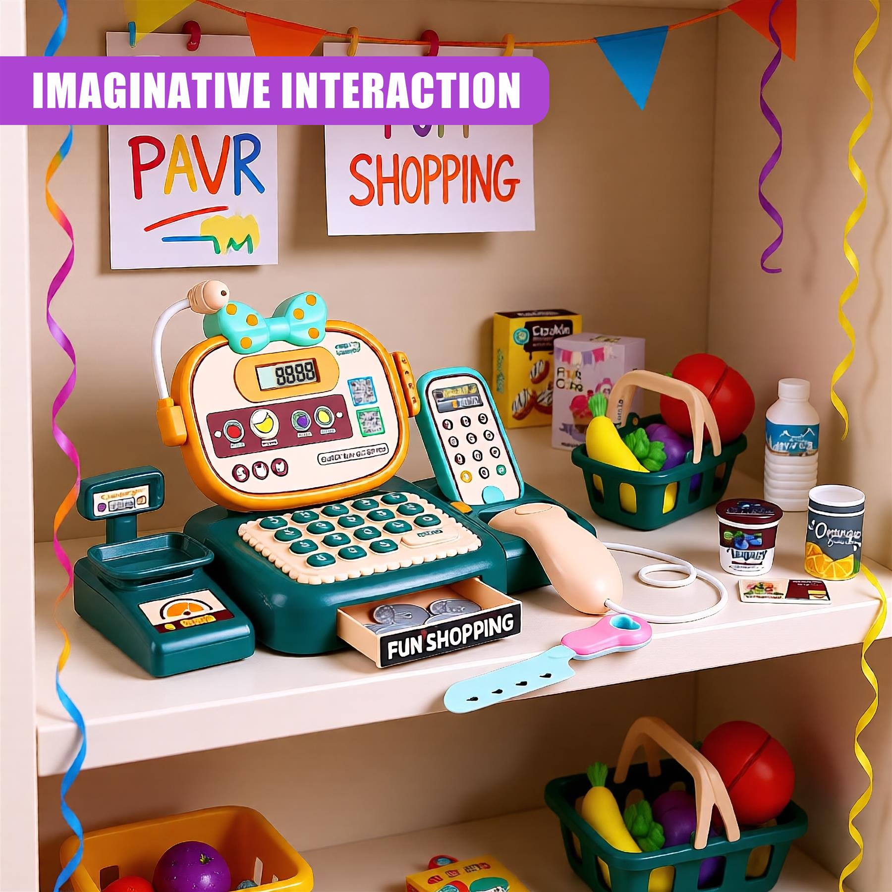 A toy shopping experience for kids, featuring a cash register, scanner, and play money, with a play food and play money set, and a play phone. - The Magic Toy Shop