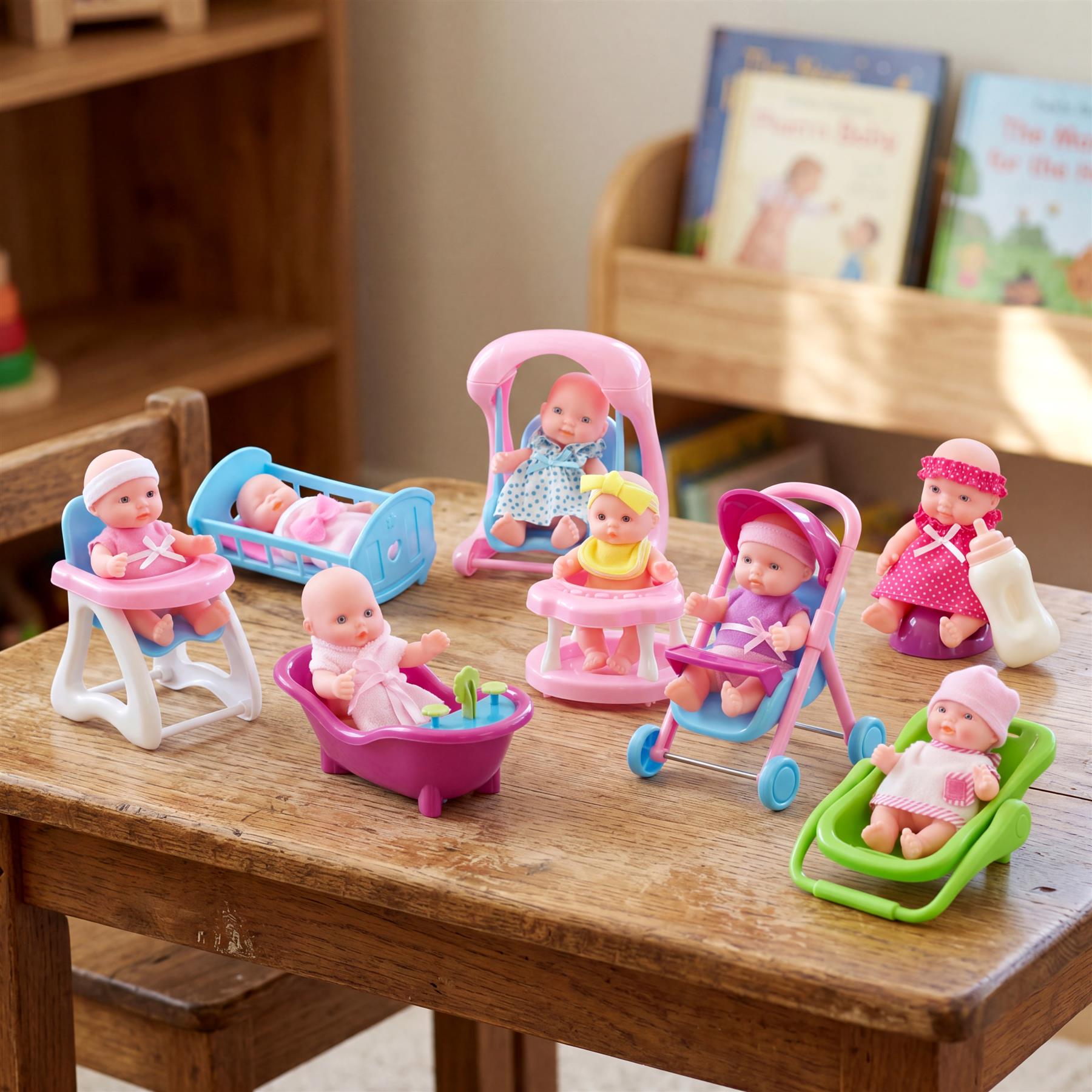 Miniature baby dolls and accessories, including strollers, cribs, and tubs, display on wood.