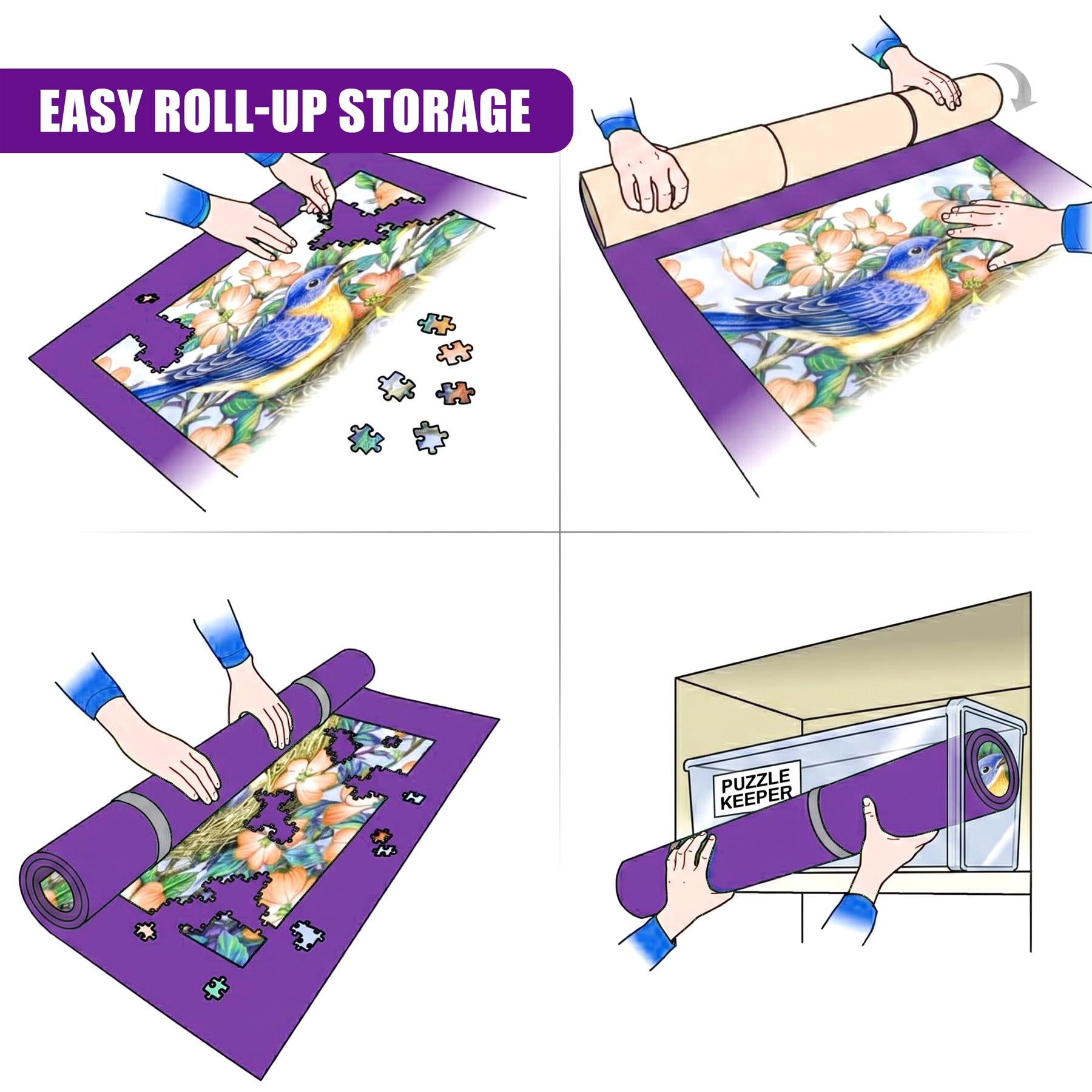 Multiple panels illustrate laying out, rolling, and storing a giant puzzle mat with colorful artwork.