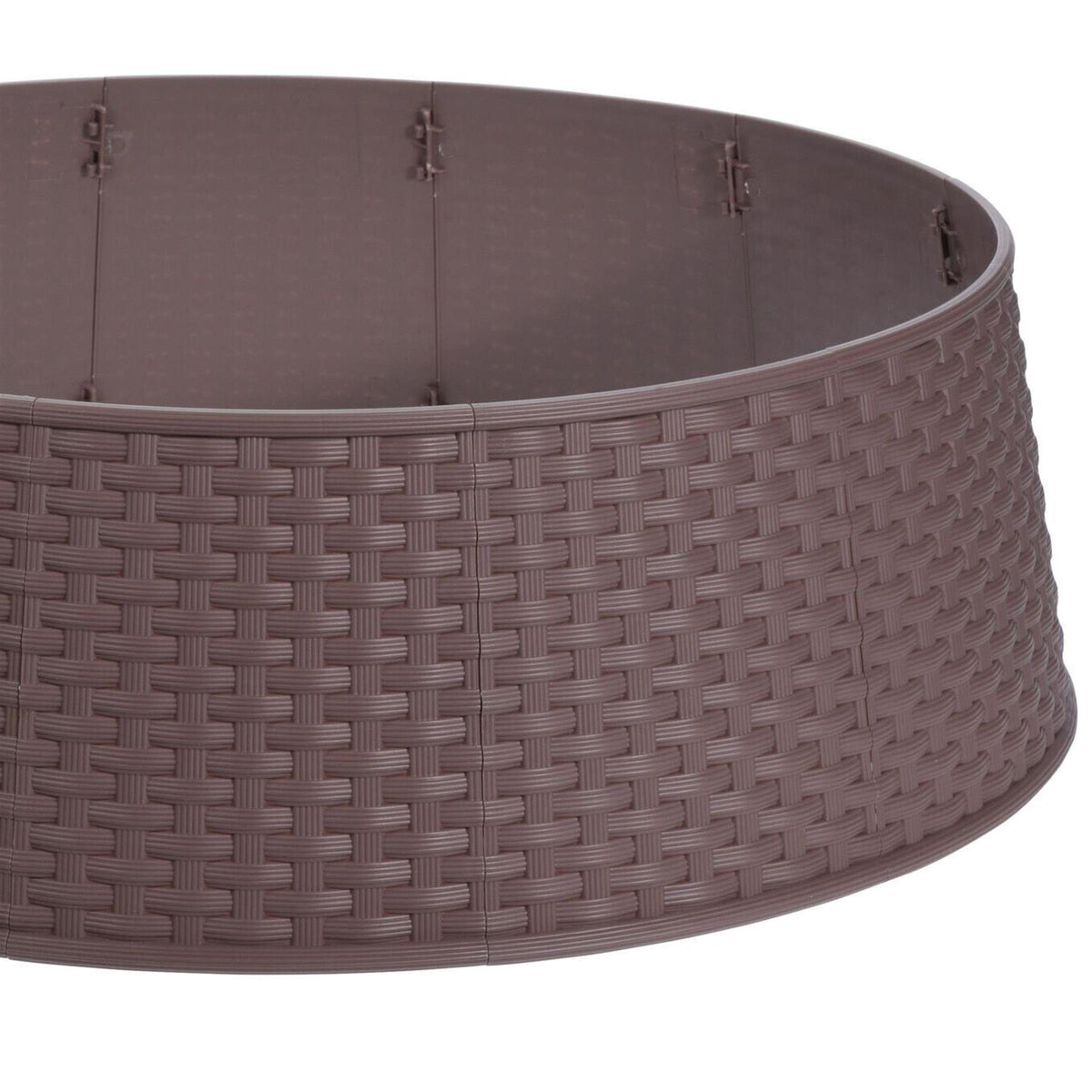 Brown plastic Christmas tree skirt with a basket weave pattern, part of a GEEZY set