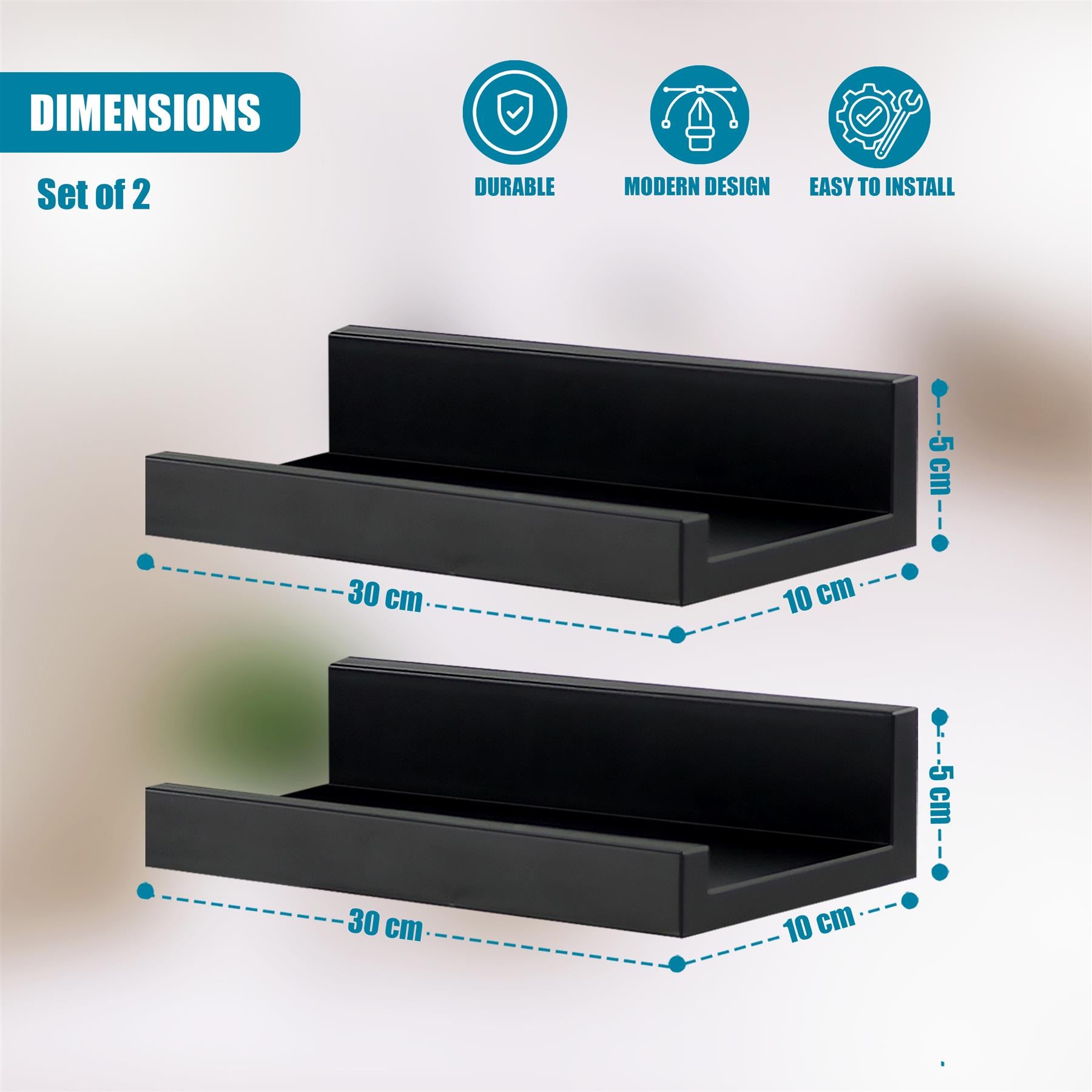 A set of two black wall shelves with a modern design, each with a 30 cm depth and a 30 cm width, ideal for small spaces. - The Magic Toy Shop