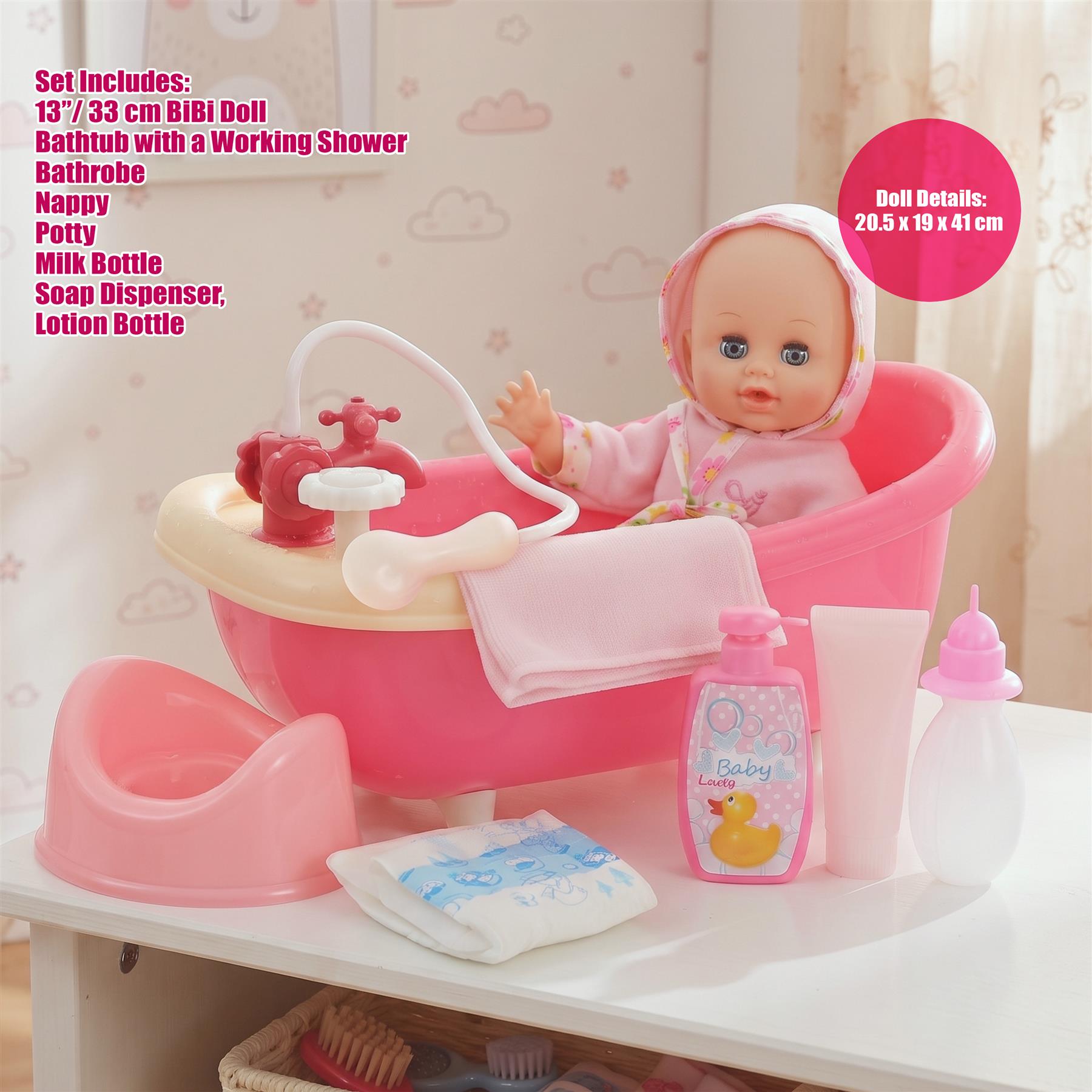 Doll and Bath set with Accessories