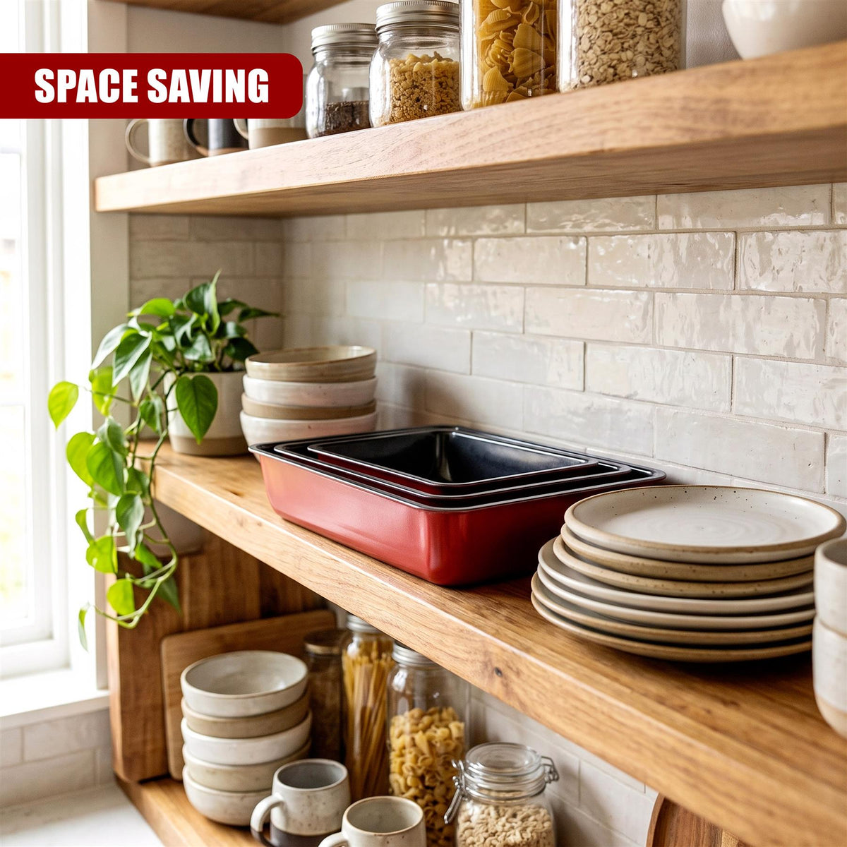 GEEZY roasting trays set, featuring three non-stick rectangular pans on shelves