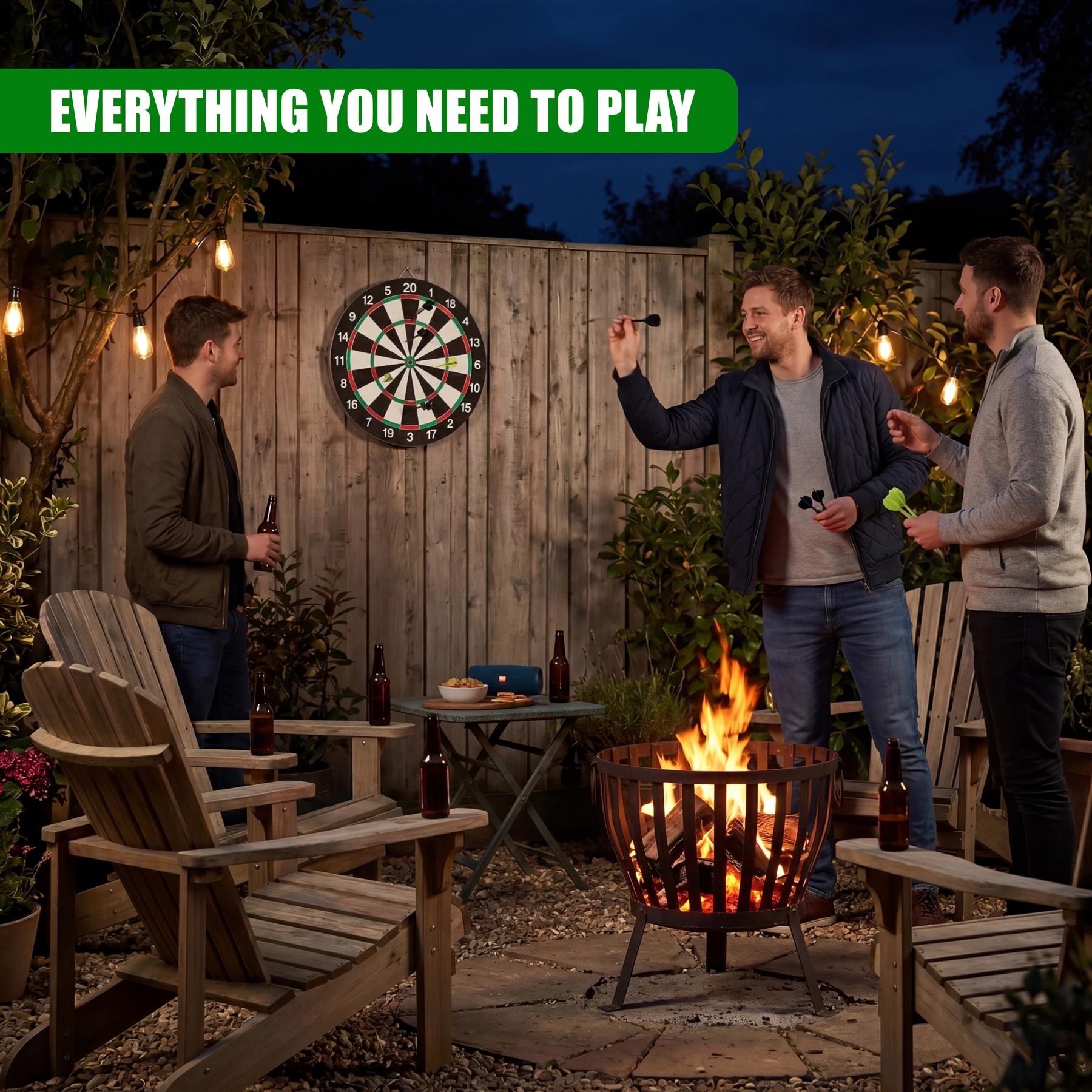 Men stand around a wooden dartboard and a glowing outdoor fire pit at night.