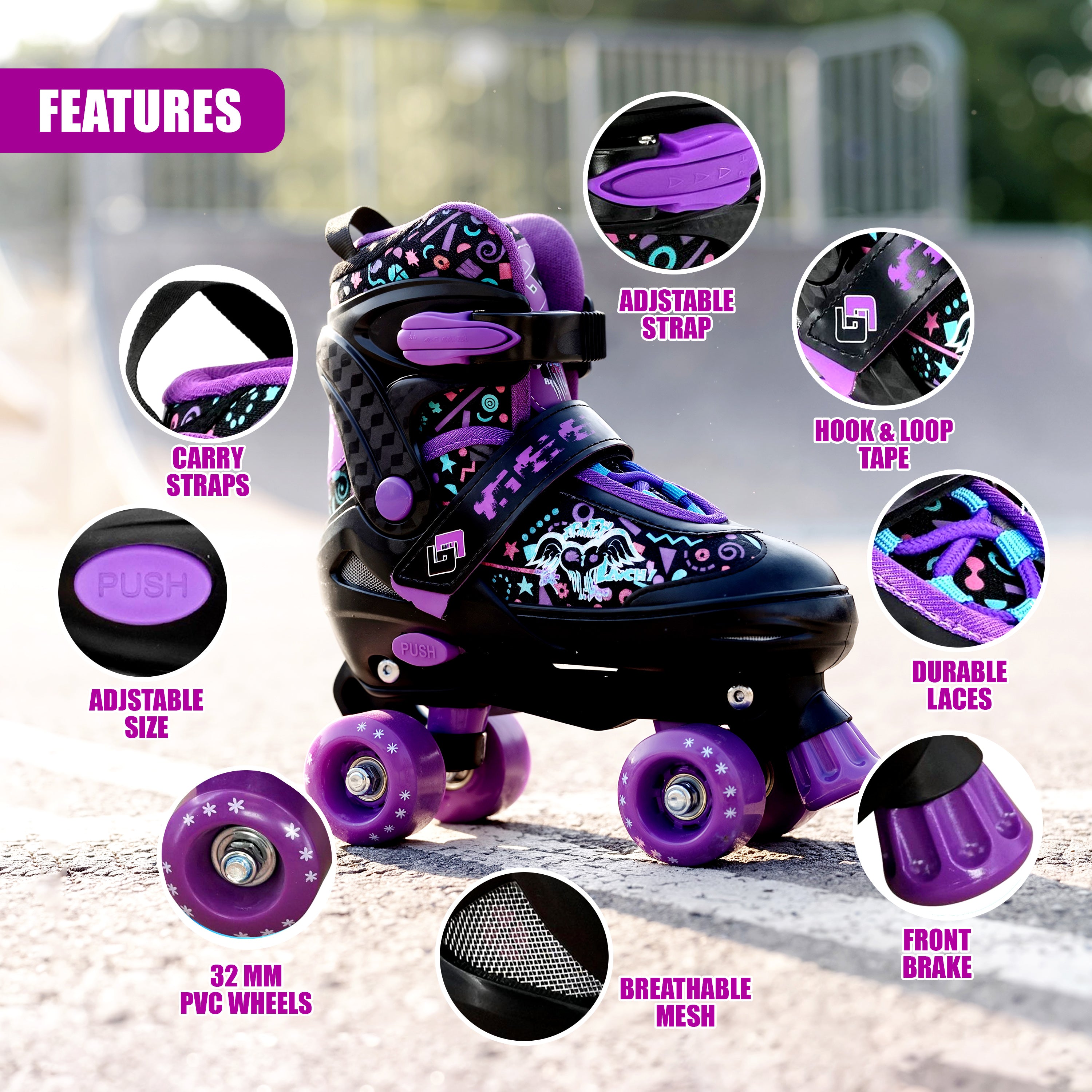 Black & Purple Kids Adjustable Roller Skates