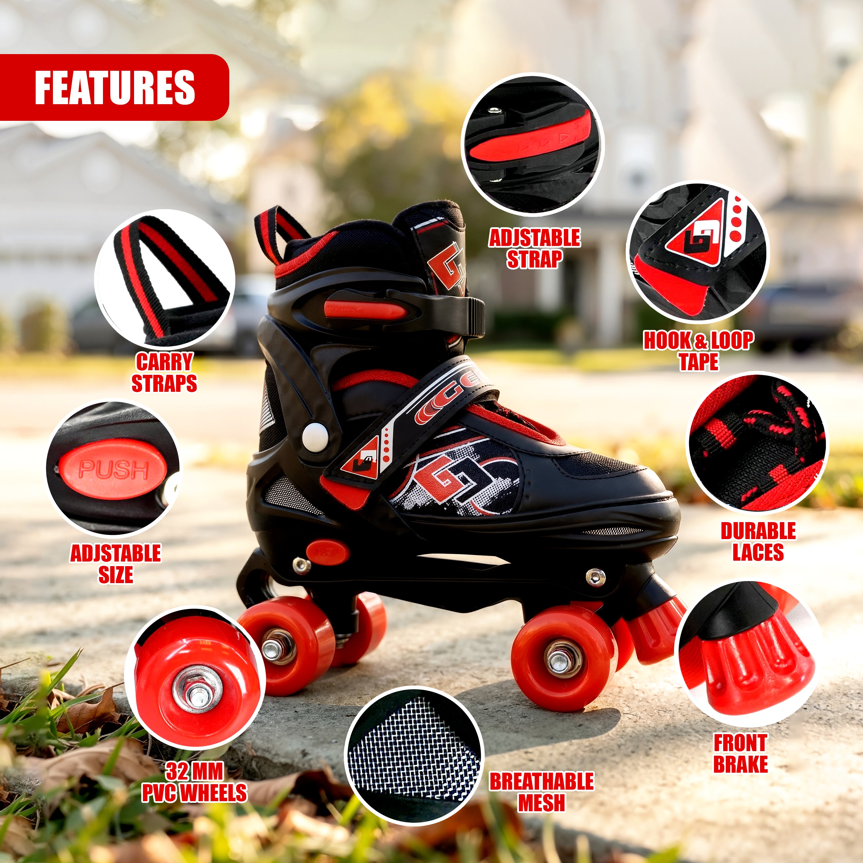 Black & Red Kids Adjustable Roller Skates