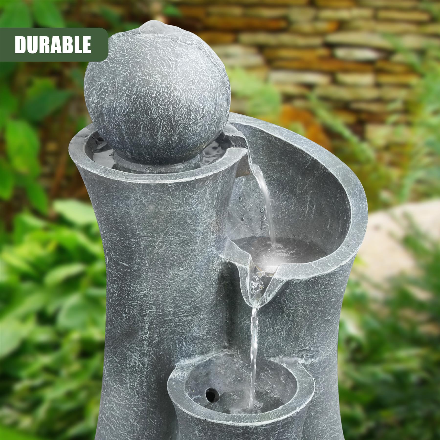 Solar Water Feature with Sphere on Top & LED Lights