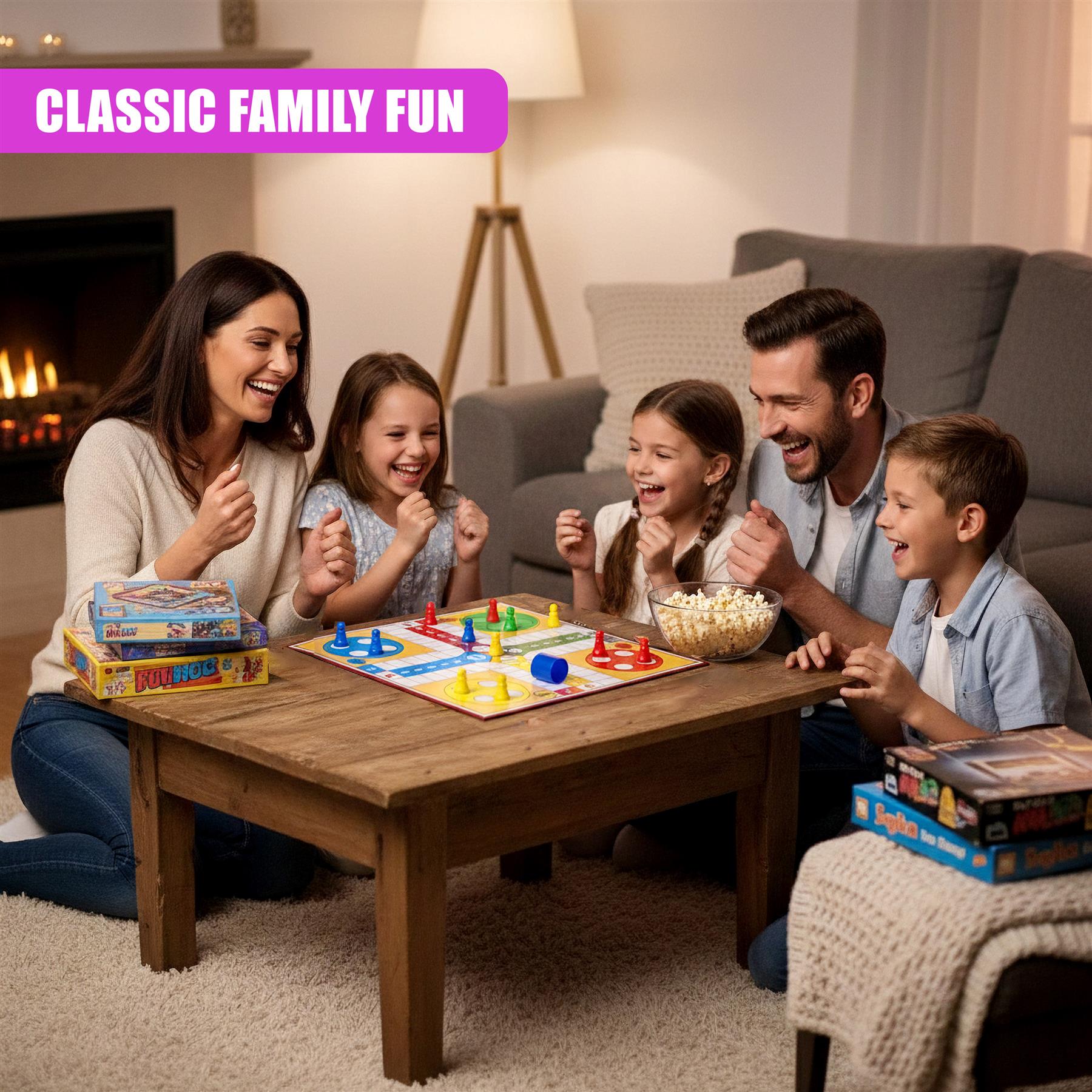 Family playing a Ludo board game with colored pieces and dice on a wooden coffee table.