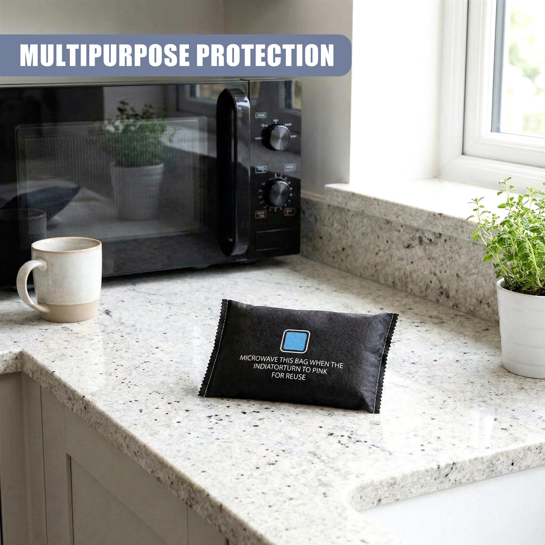 A small, black pouch with white instructions printed on it regarding microwave reuse.