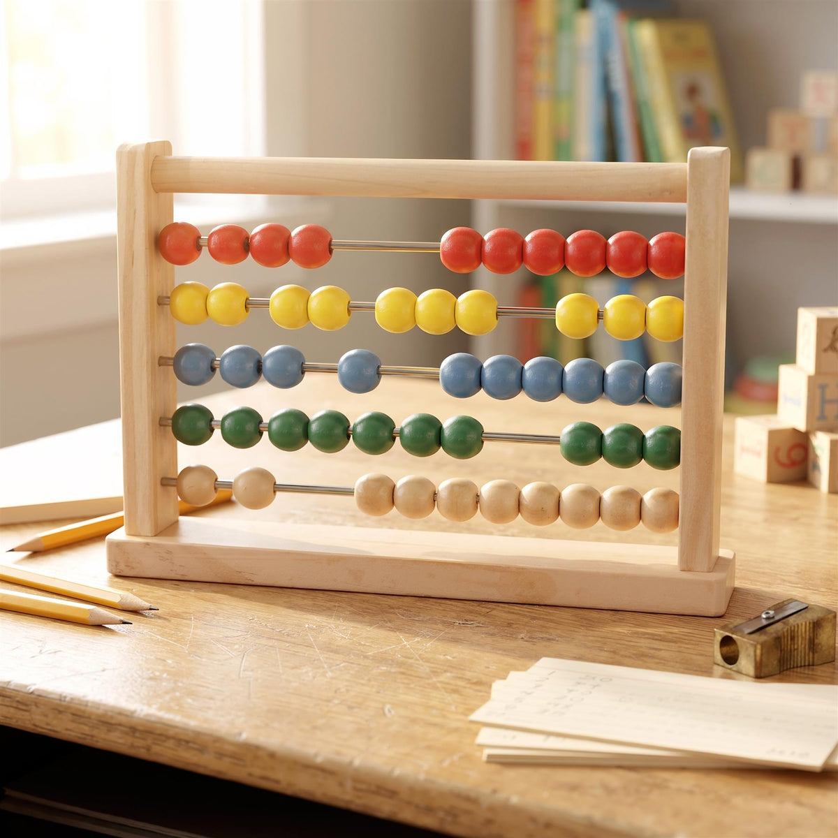 Wooden abacus with colourful beads on a wooden frame, perfect for learning maths