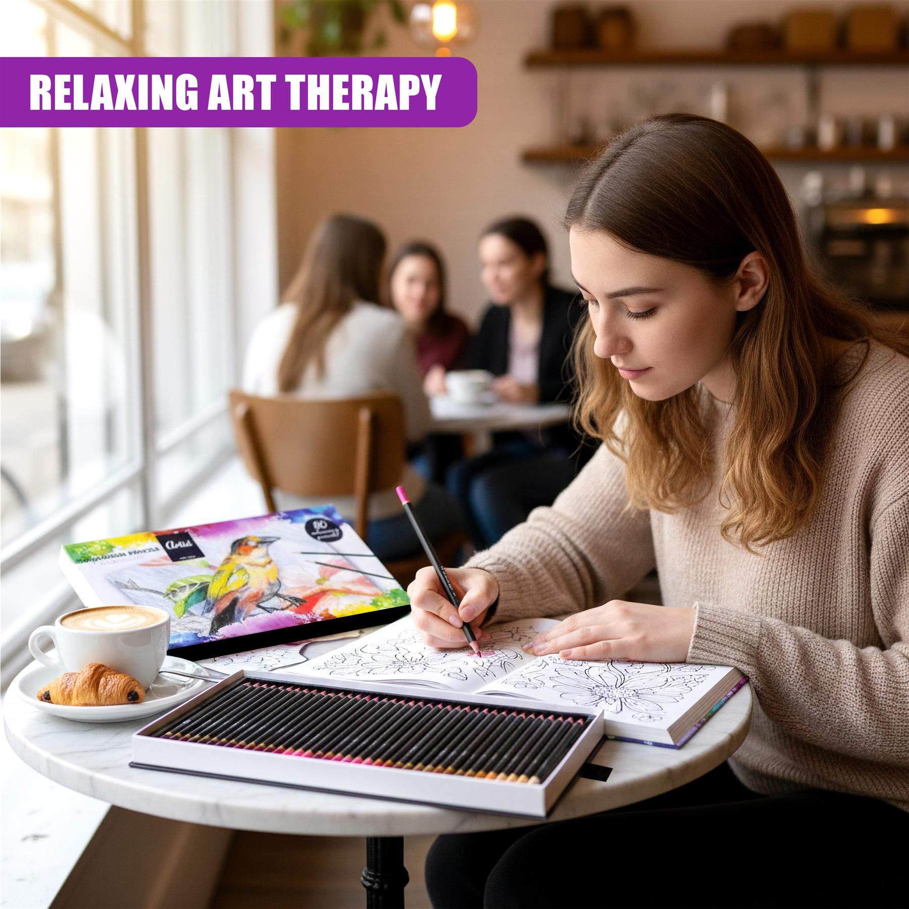 A woman colors an intricate book using a large set of 80 colored pencils displayed on a table.
