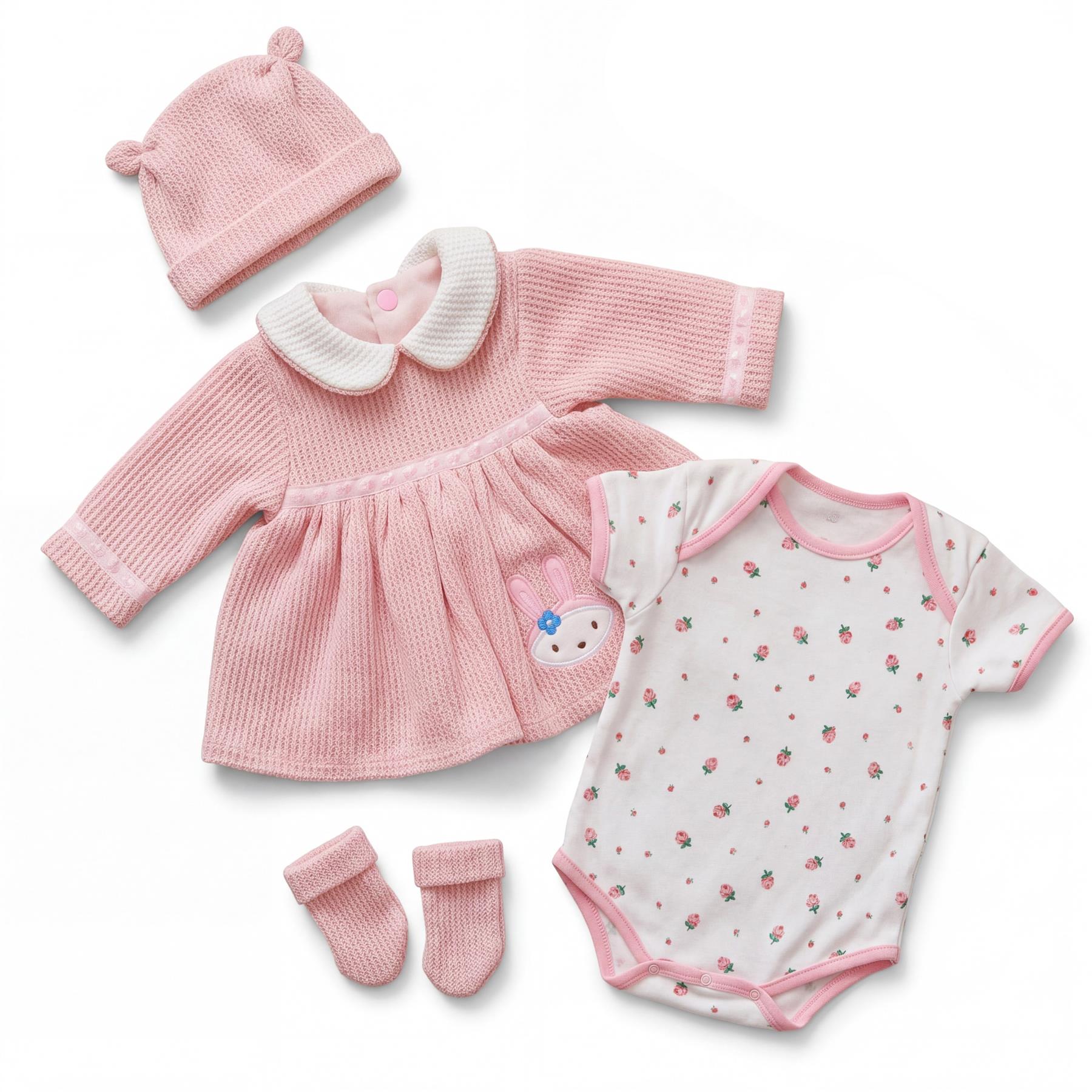 Complete set of pink reborn doll clothes including a hat, patterned bodysuit, top, skirt, and booties.