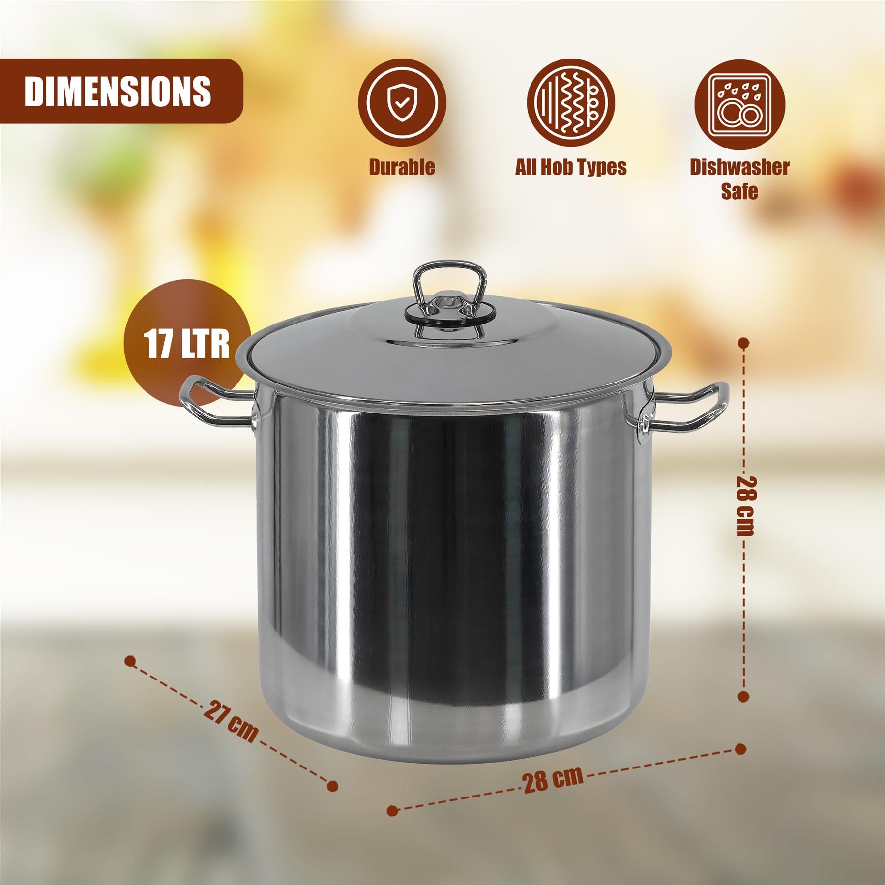 Stainless steel stockpot with lid showing dimensions, labels, and cooking features.