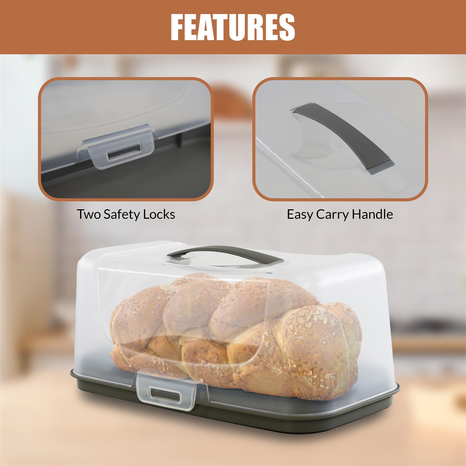 "Rectangular cake carrier with handle and lid, ideal for transporting cakes securely"