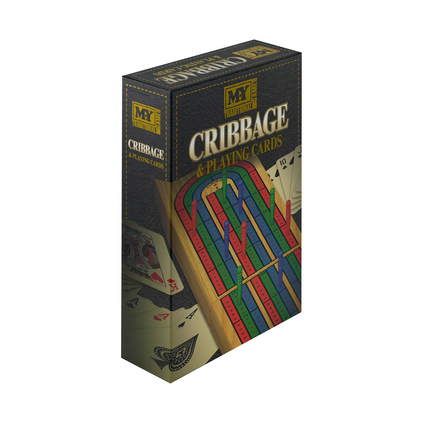 Rectangular game box containing a wooden cribbage board and a deck of playing cards.