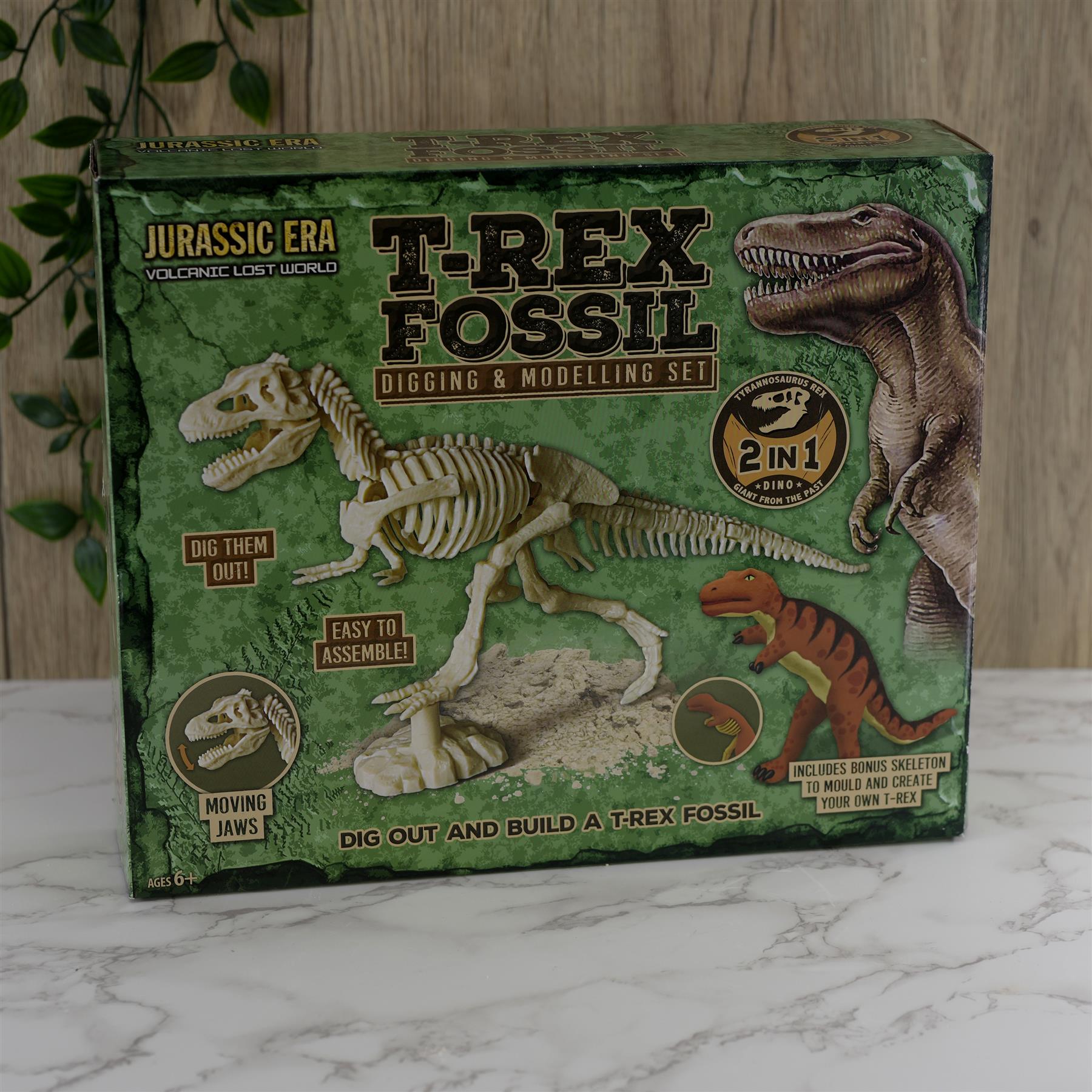 Box set packaging for a T-Rex fossil kit, featuring a skeletal diagram and assembled dinosaur model.