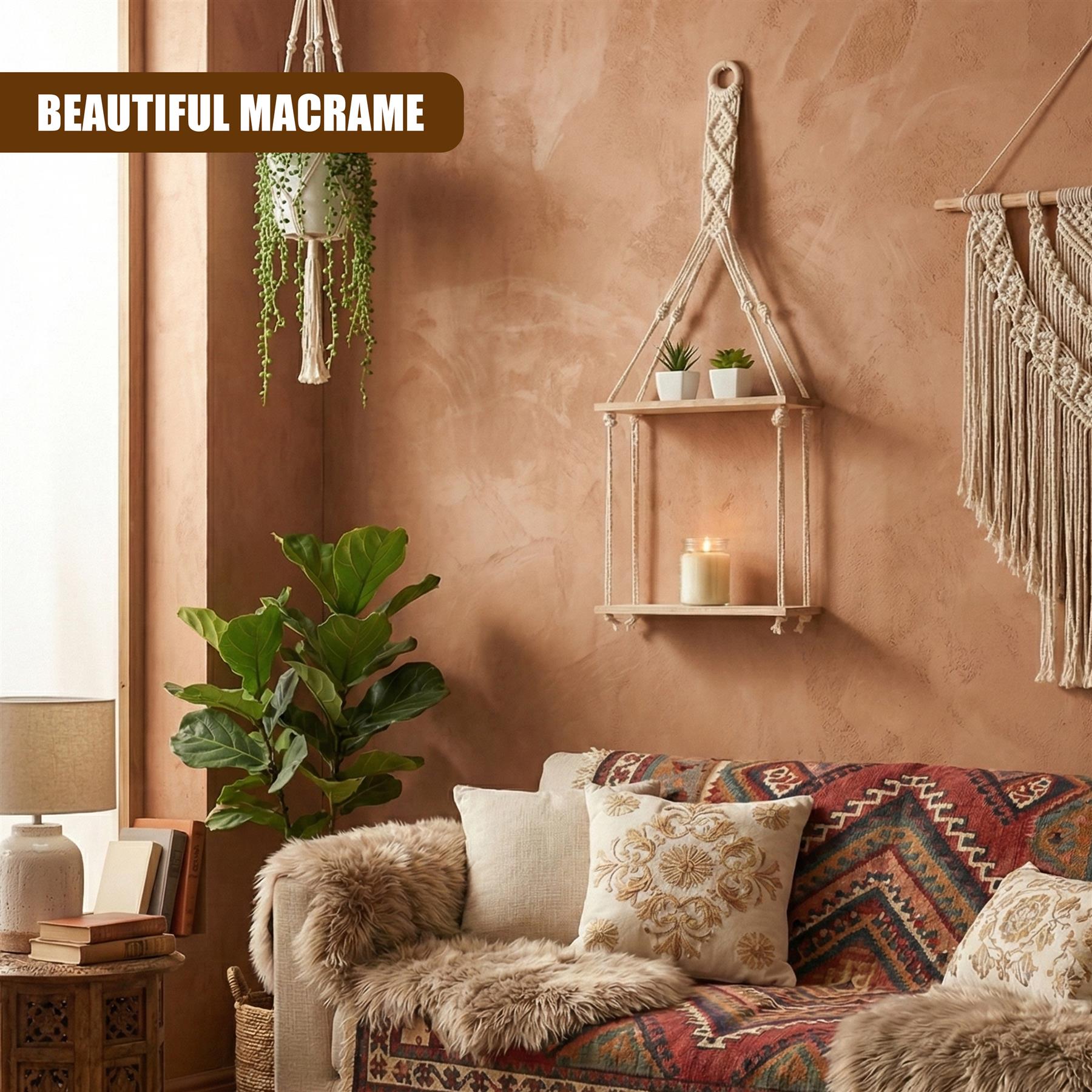 A cozy living room with a colorful couch, a macramé wall hanging, and a macramé shelf. - The Magic Toy Shop