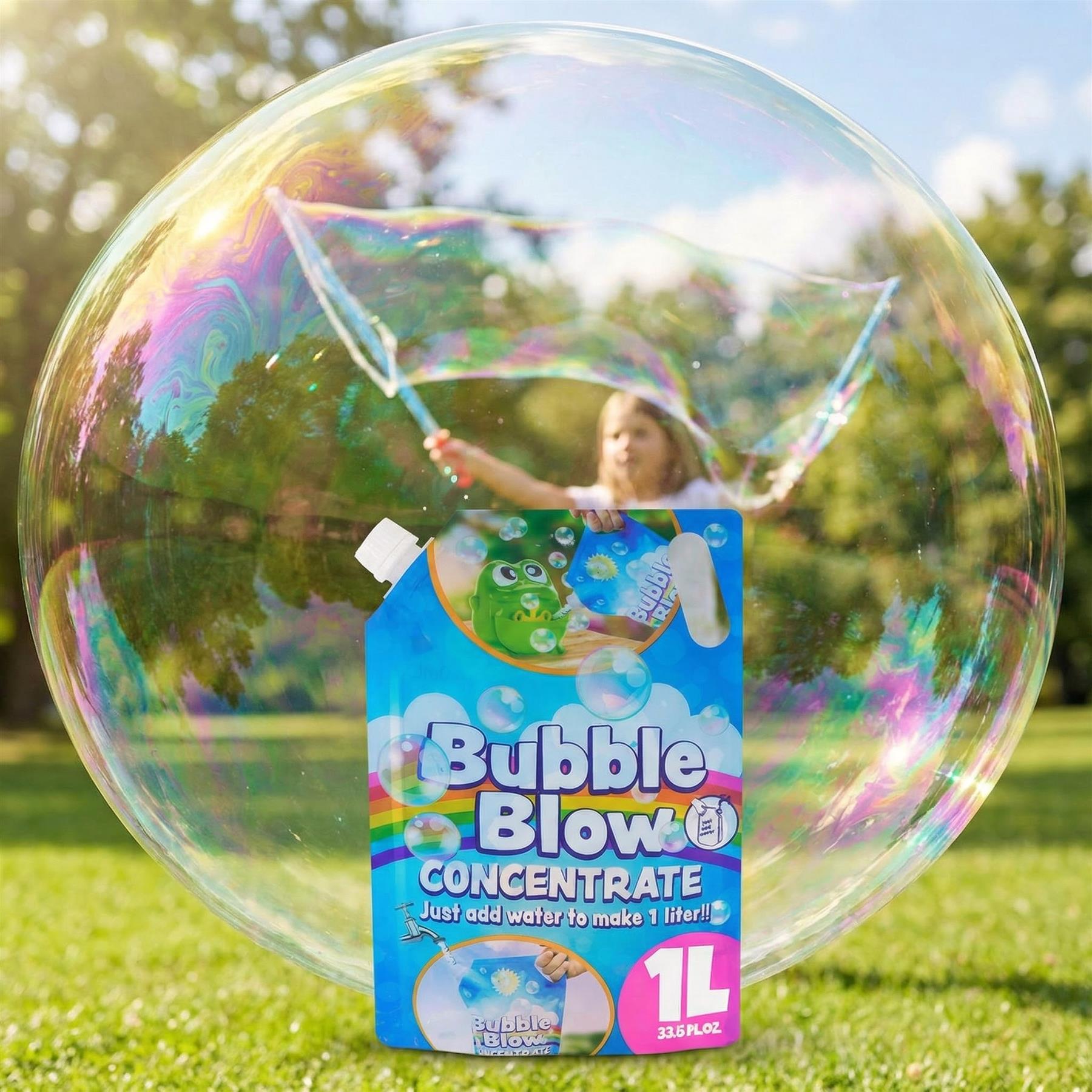 Large, iridescent soap bubble features a blue refill bottle visible inside the outdoor bubble structure.