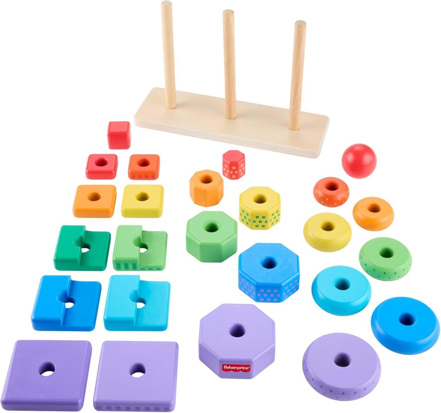 Wooden sorting tray with pegs and assorted colorful geometric shapes for stacking activity.
